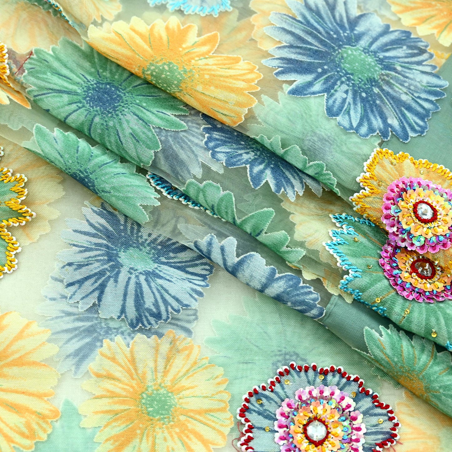 Indian Vintage Wedding Sari Green Organza hand Embroidered Saree Craft Fabric 5Yd Sewing Ethnic Bollywood sarees Dress making