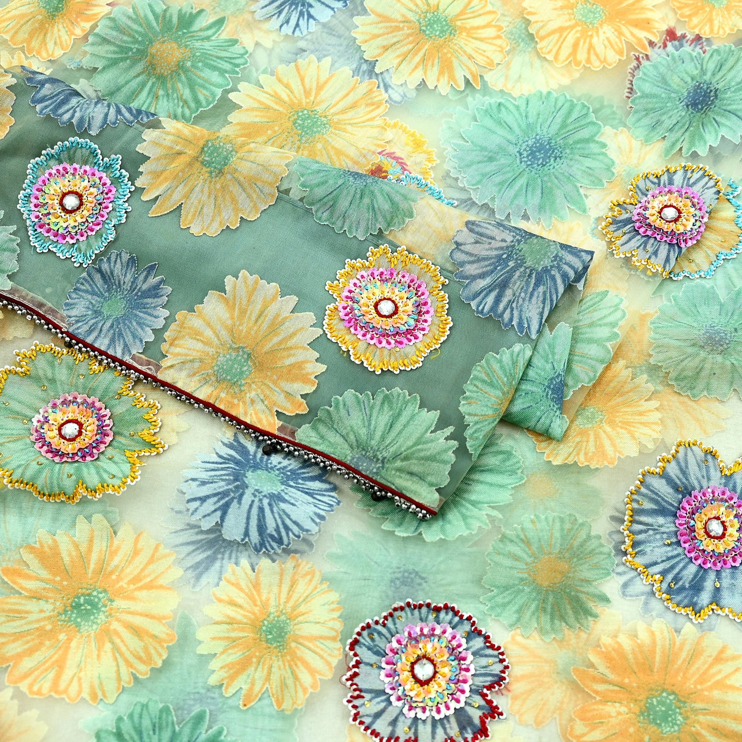 Indian Vintage Wedding Sari Green Organza hand Embroidered Saree Craft Fabric 5Yd Sewing Ethnic Bollywood sarees Dress making