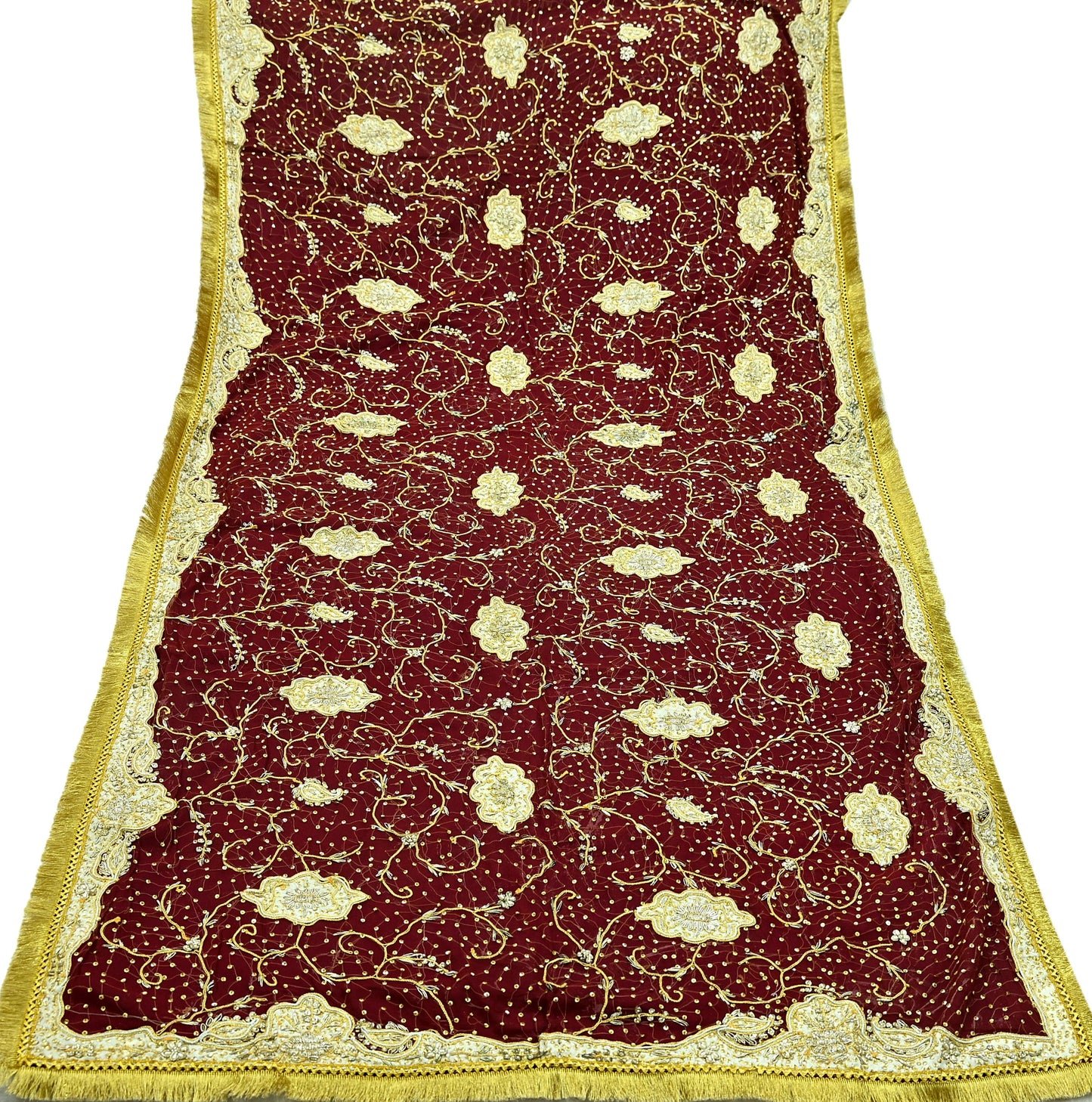 Indian Vintage Heavy Bridal Dupatta Maroon Pure Chiffon Silk Long Stole Hand Embroidered Hijab Scarf Zardozi/Dabka Zari Wedding Dupatta