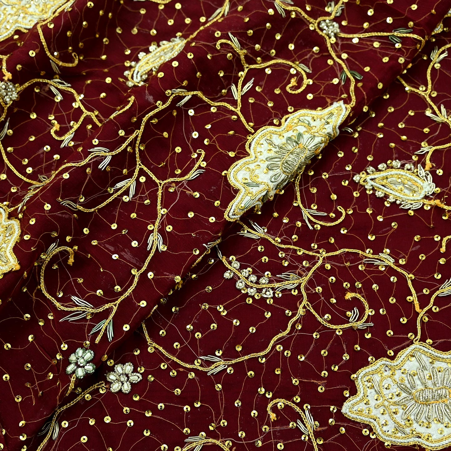 Indian Vintage Heavy Bridal Dupatta Maroon Pure Chiffon Silk Long Stole Hand Embroidered Hijab Scarf Zardozi/Dabka Zari Wedding Dupatta