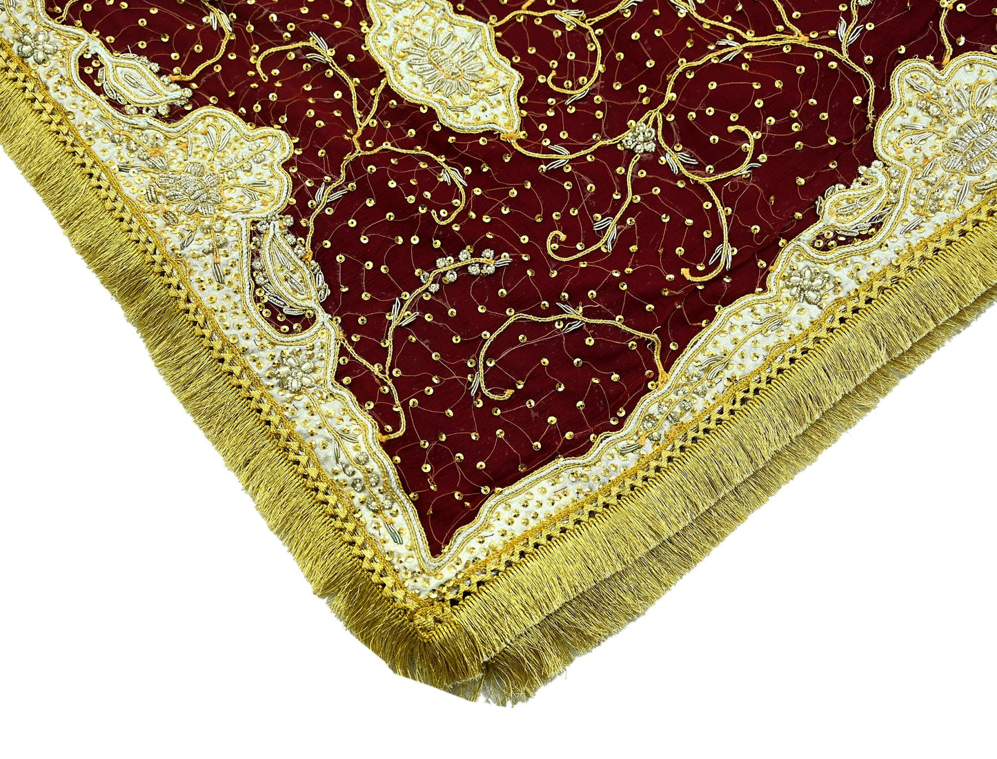 Indian Vintage Heavy Bridal Dupatta Maroon Pure Chiffon Silk Long Stole Hand Embroidered Hijab Scarf Zardozi/Dabka Zari Wedding Dupatta