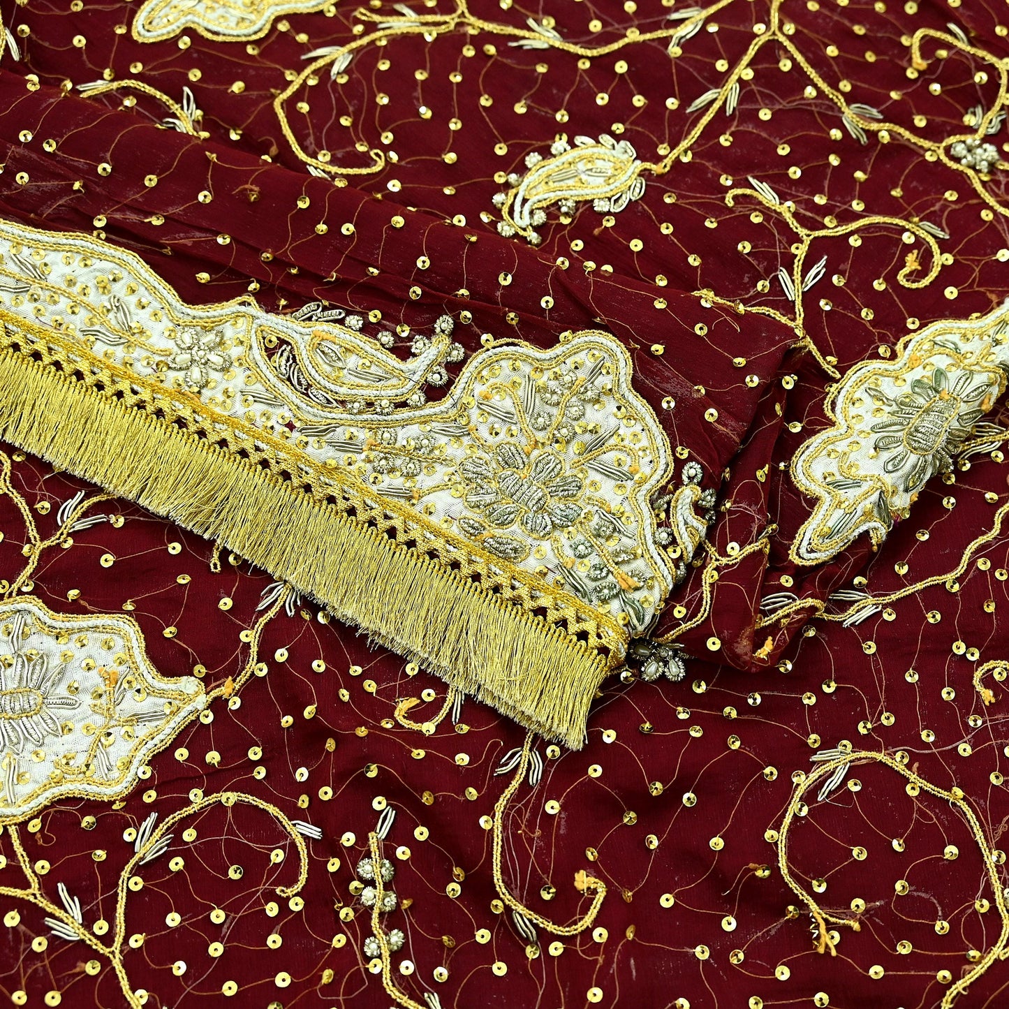 Indian Vintage Heavy Bridal Dupatta Maroon Pure Chiffon Silk Long Stole Hand Embroidered Hijab Scarf Zardozi/Dabka Zari Wedding Dupatta