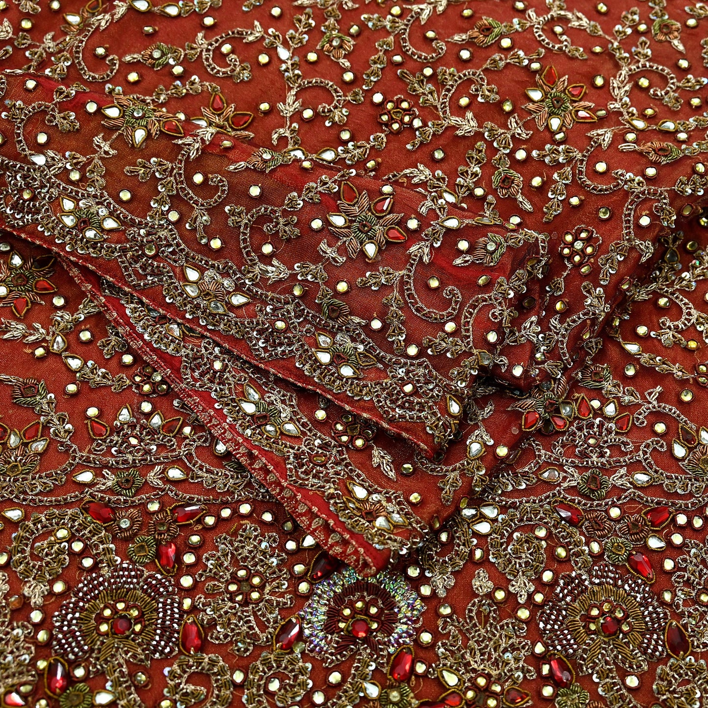 Indian Vintage Heavy Wedding Red Dupatta Net Mesh Long Stole Hand Embroidered Scarves Golden Zardozi Zari Sequins Dridal Veil Hijab