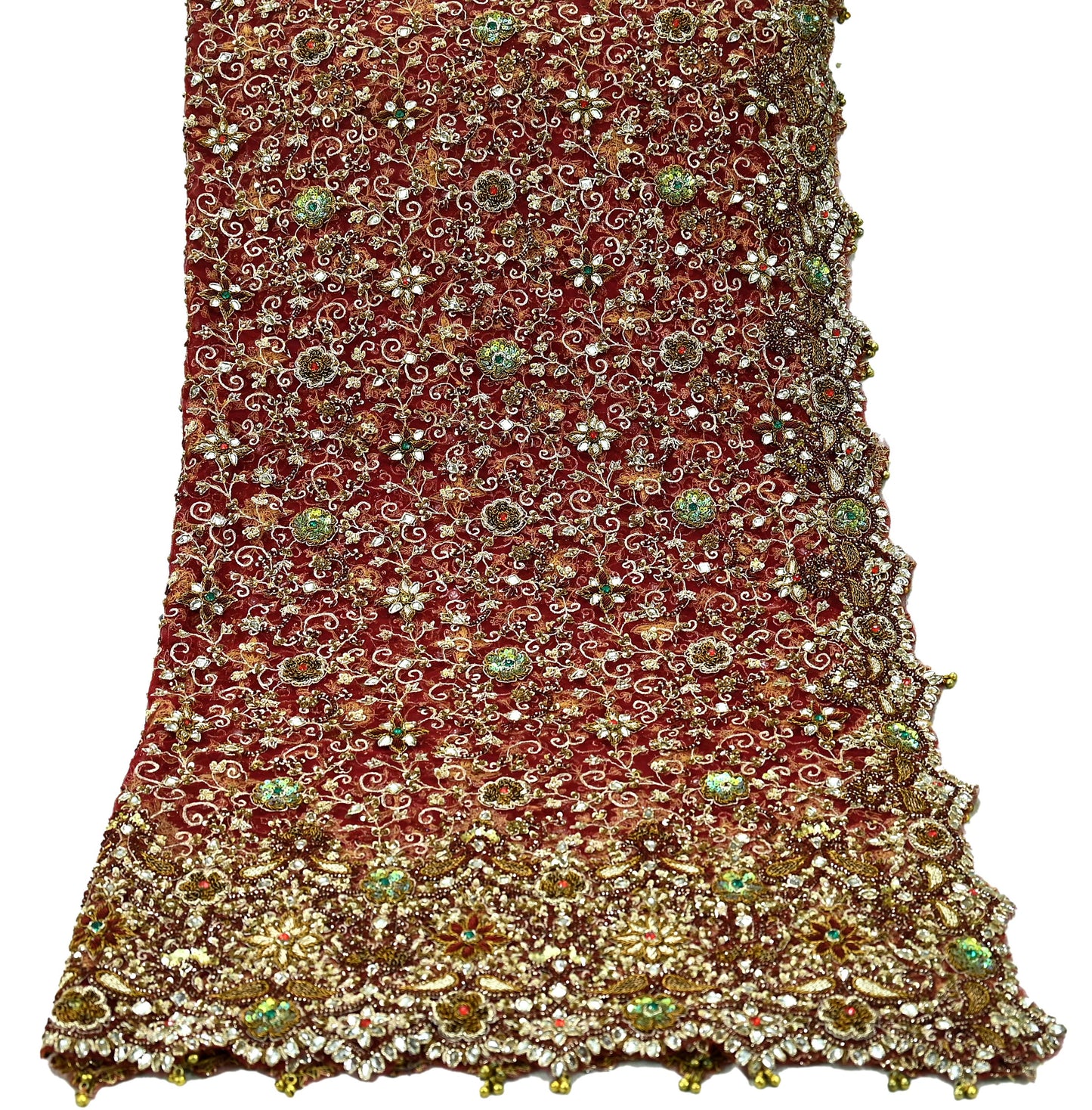 Indian Vintage Heavy Wedding Maroon Dupatta Net Mesh Long Stole Hand Embroidered Scarves Golden Zardozi Zari Sequins Dridal Veil Hijab