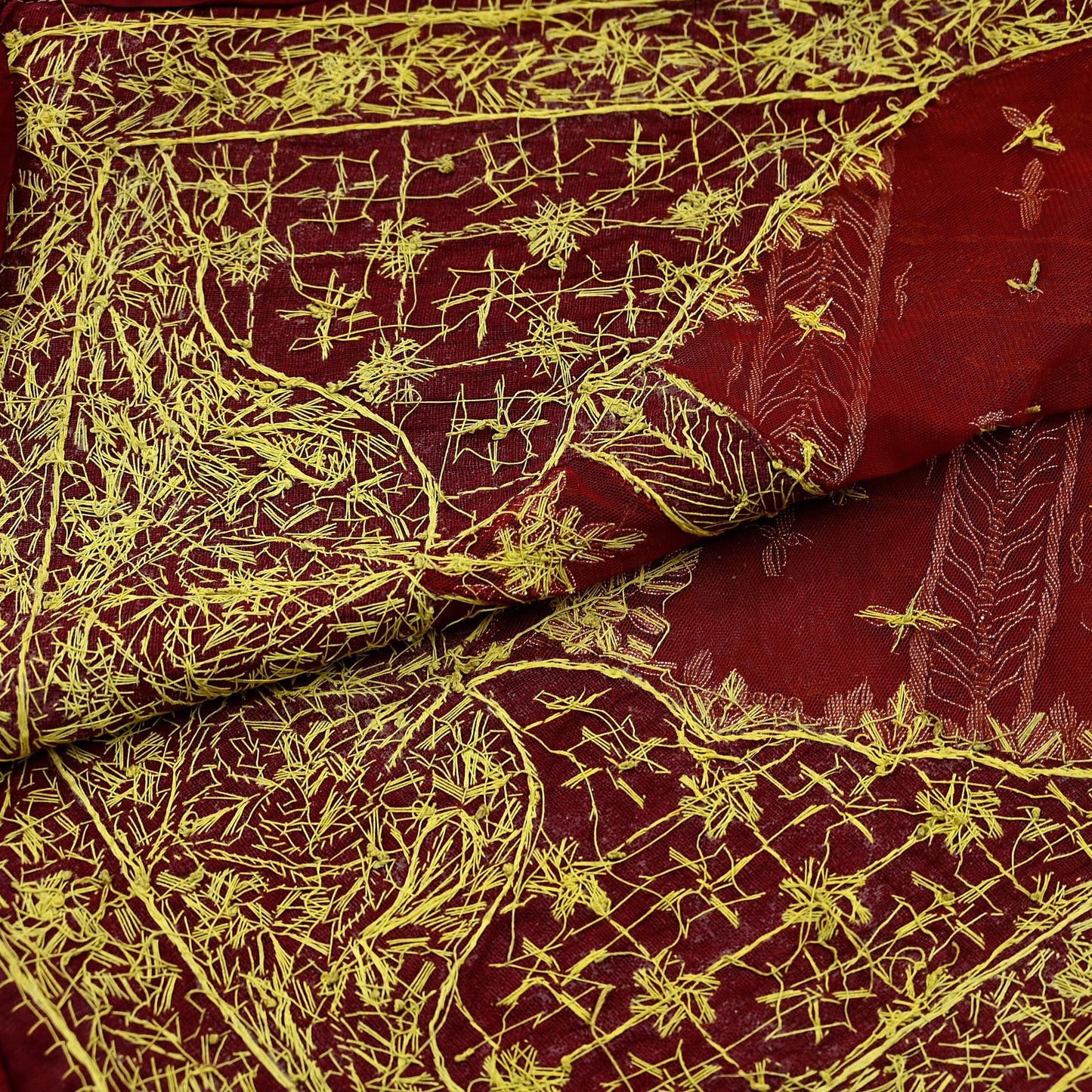 Indian Vintage Heavy Dark Red Dupatta Net Mesh Long Stole Hand Embroidered Scarves Golden Zardozi Dabka Zari Sequins