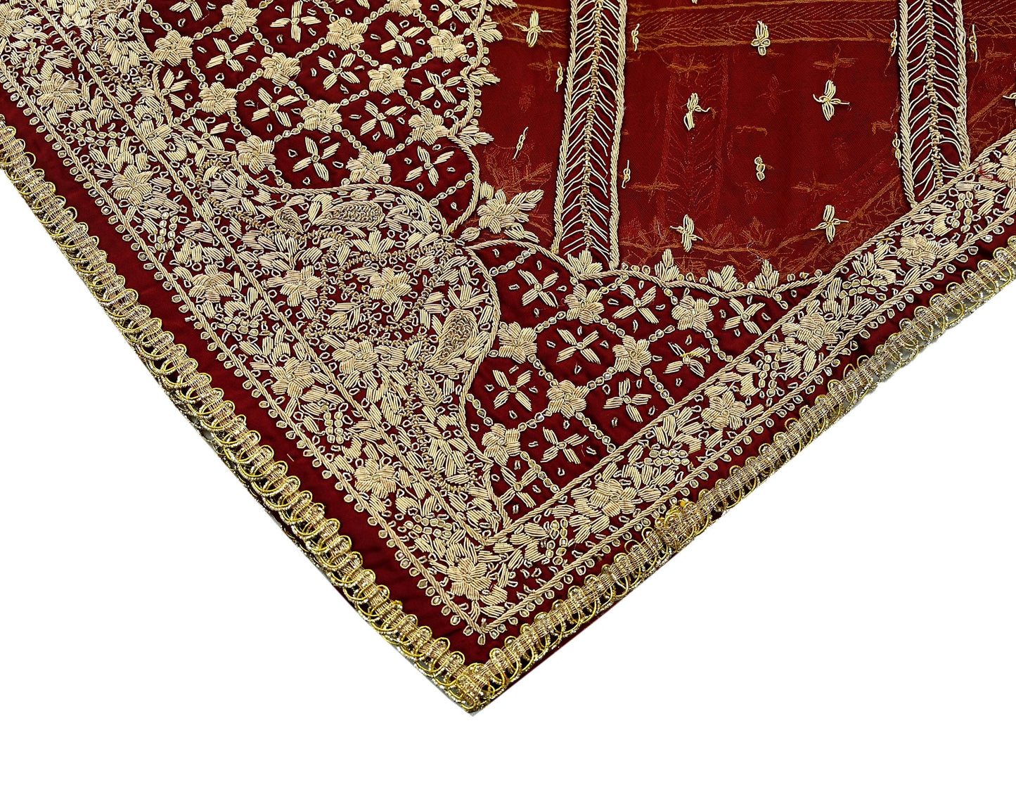 Indian Vintage Heavy Dark Red Dupatta Net Mesh Long Stole Hand Embroidered Scarves Golden Zardozi Dabka Zari Sequins