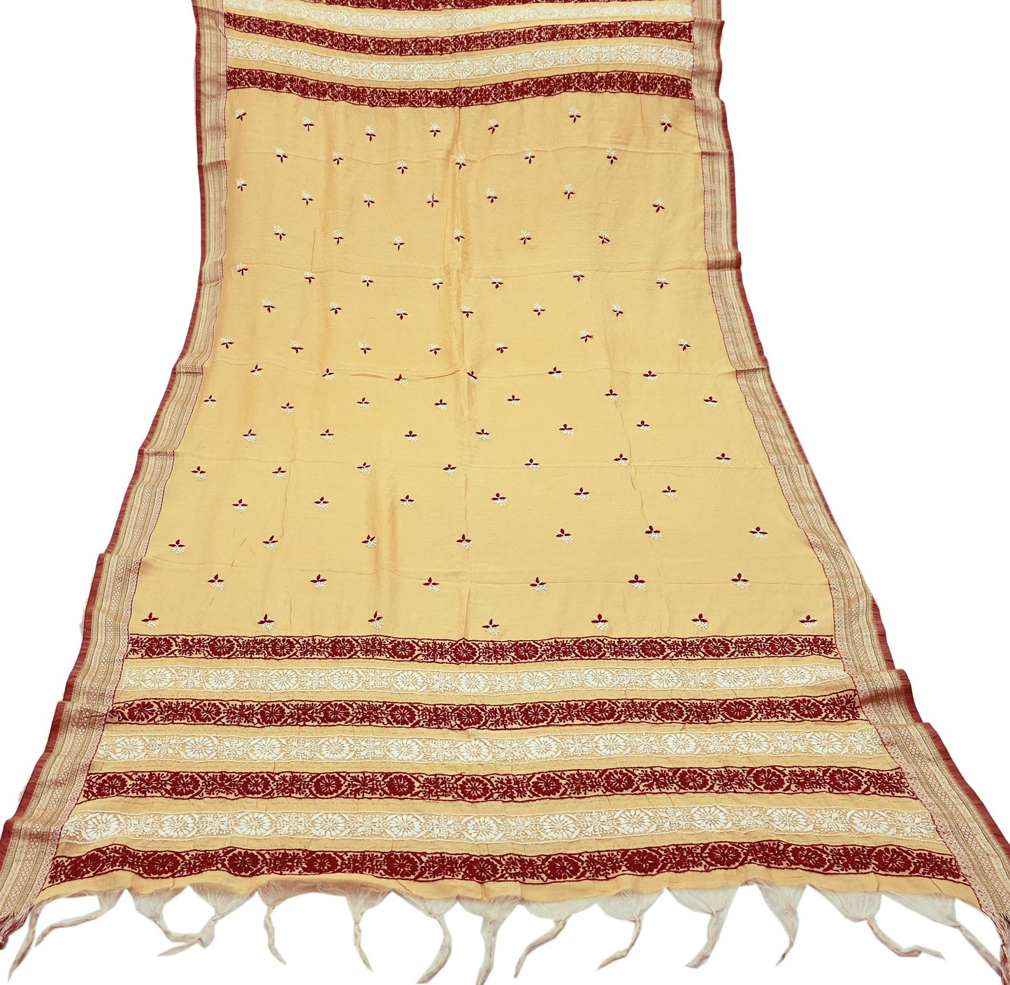 Indian Vintage Dupatta Beige Long Stole Pure Chanderi silk Handmade Chikankari Scarves Veil Scarf Wrap Floral Design
