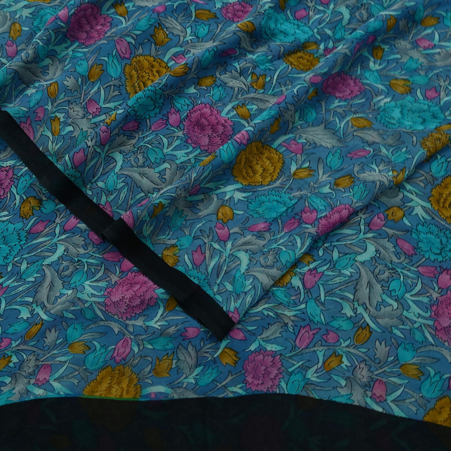 Women Indian Vintage Sari Blue Pure Georgette Silk Printed Sarees Craft Fabric Sewing 5Yd Soft Dress Making Quilting Crafting
