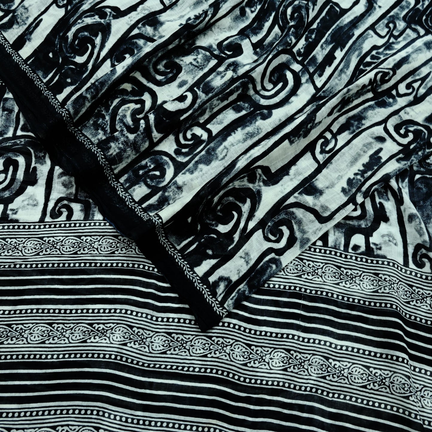 Indian Vintage Sari Black & White Printed Pure Cotton Sarees Craft Fabric 5Yd Sewing Soft Sarong Wrap Boho Paisley Quilting Crafting