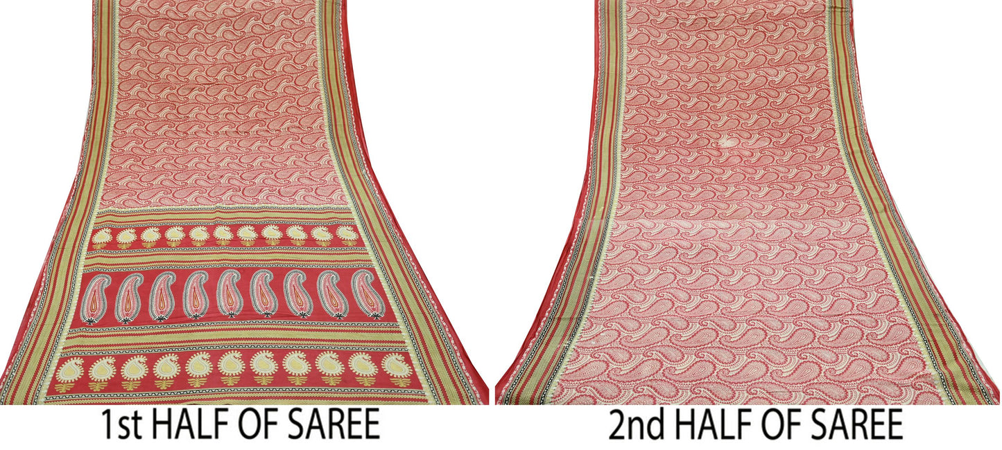 Indian Vintage Sari Ivory & Pink Printed Blend Cotton Saree Craft Fabric 5Yd Soft Sewing Sarong Wrap Boho Floral Dress making Crafting