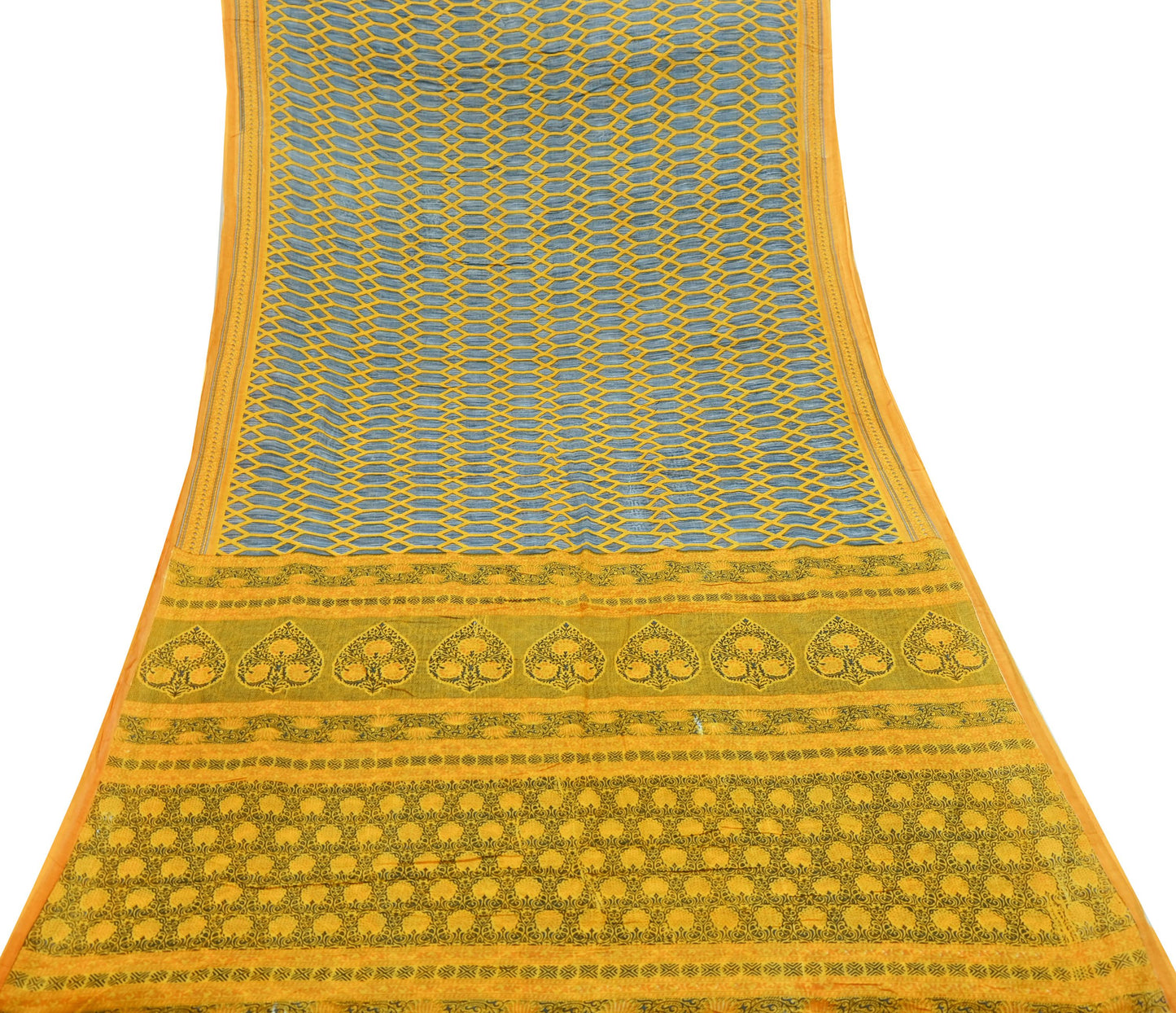 Indian Vintage Gray & Yellow Saree Printed Pure Cotton Sari Craft Fabric 5Yd Soft Sewing Sarong Wrap Boho Floral Dress making Crafting