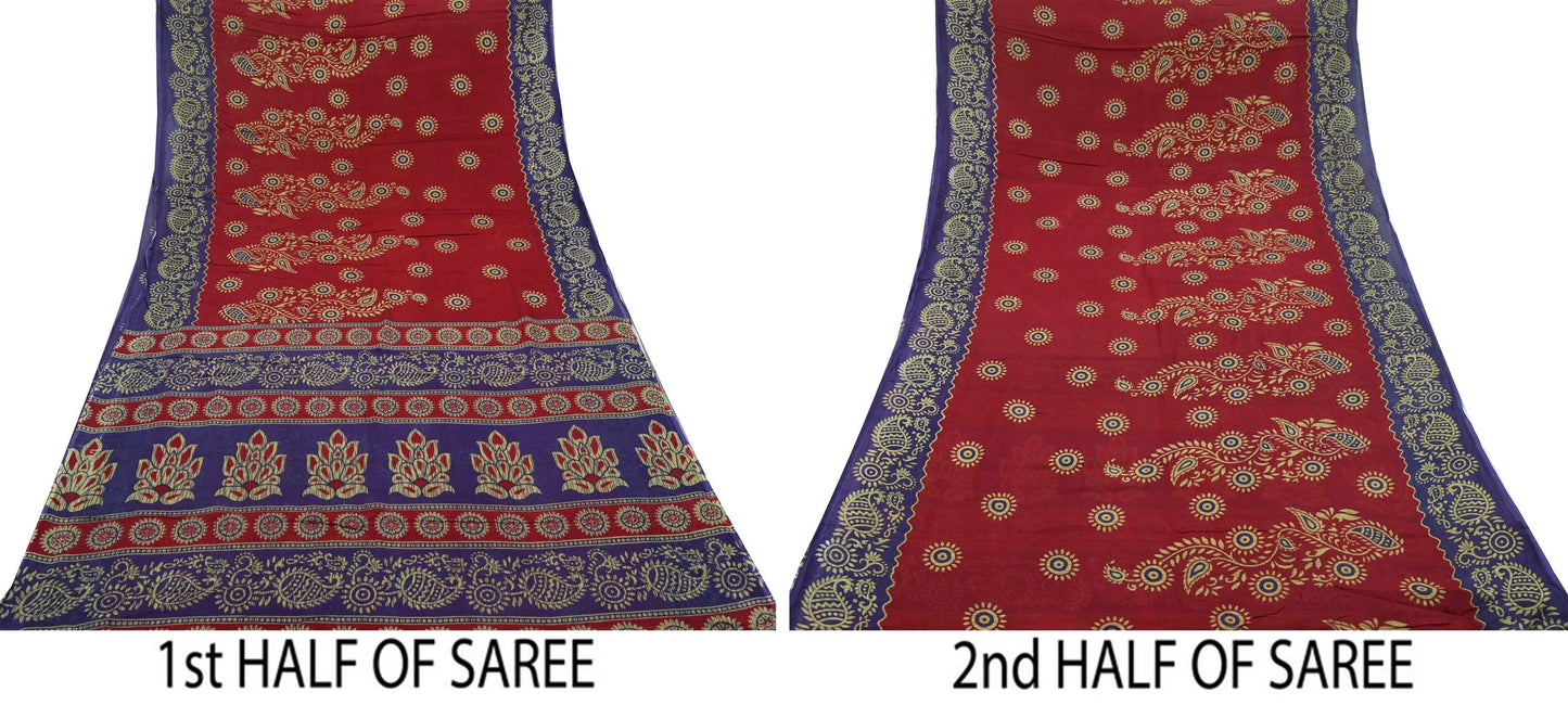 Indian Vintage Sari Purple & Red Block Printed Pure Cotton Saree Craft Fabric 5Yd Sewing Sarong Wrap Boho Floral Crafting Upcycle Quilting