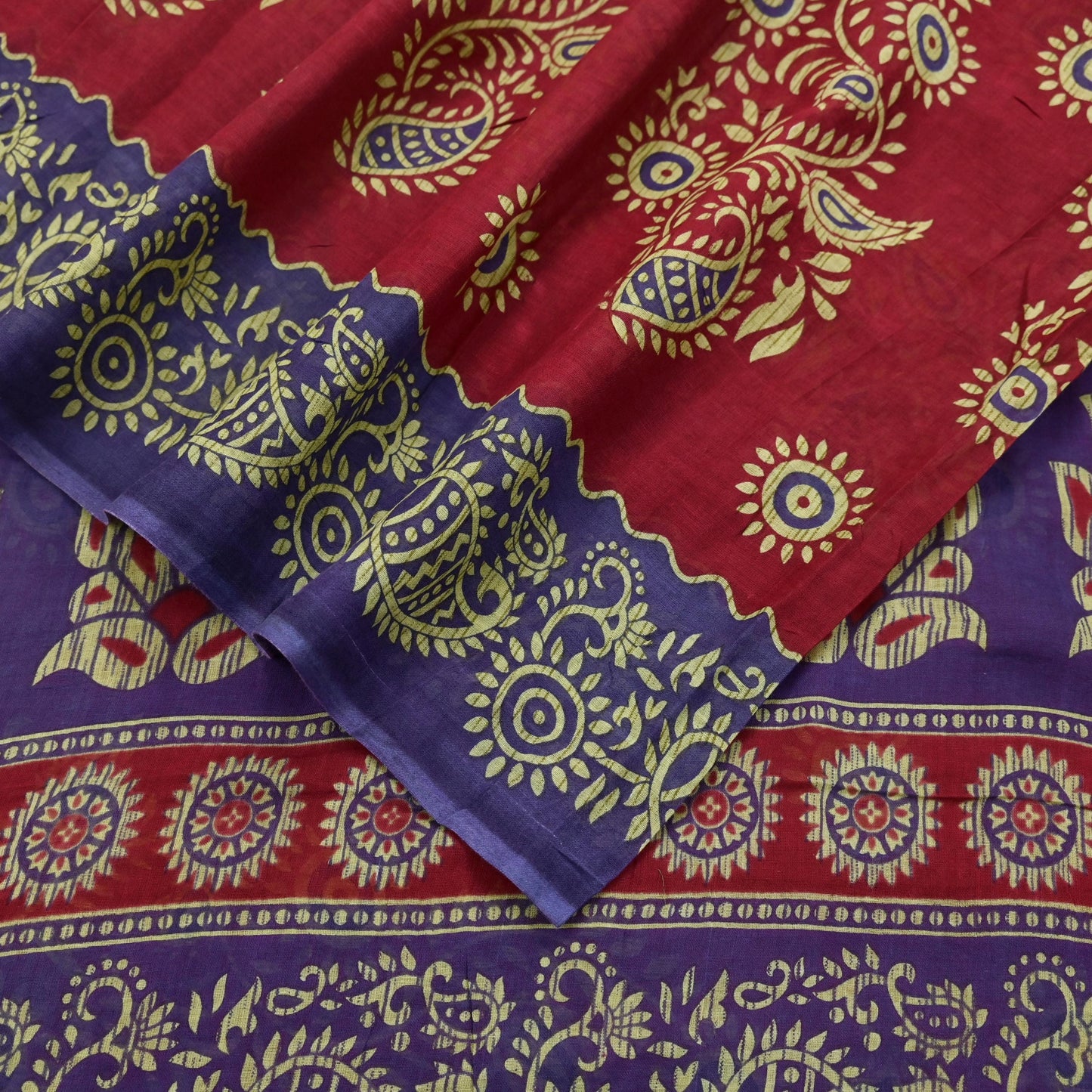 Indian Vintage Sari Purple & Red Block Printed Pure Cotton Saree Craft Fabric 5Yd Sewing Sarong Wrap Boho Floral Crafting Upcycle Quilting