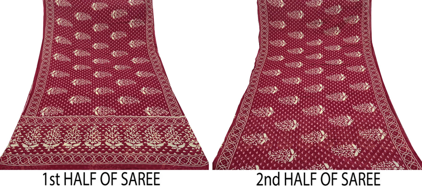 Indian Vintage Sari Ivory & Maroon Printed Pure Cotton Saree Fabric Soft Floral 5Yd Sarong Wrap Boho Fabric Kimono Soft