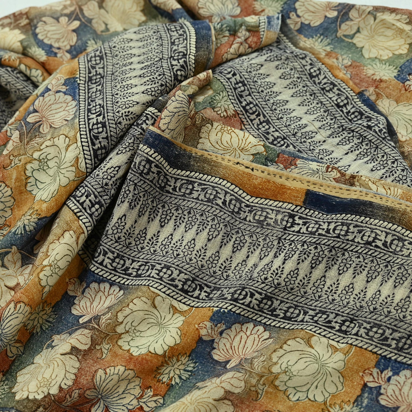 Indian Vintage Sari Multi Pure Crepe Silk Block Printed Saree 5yd Sewing Floral Soft Craft Fabric Wrap Dress making Crafting Quilting