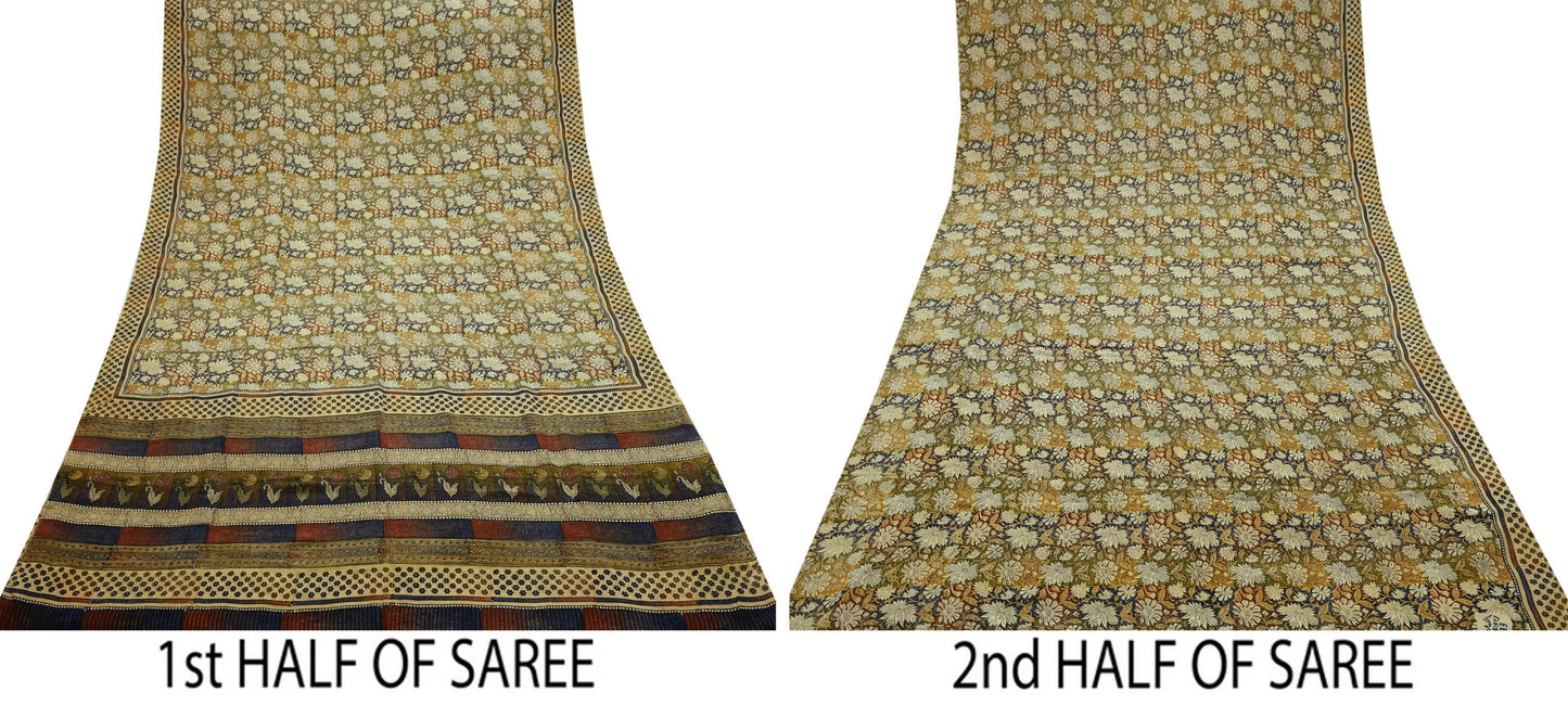 Indian Vintage Sari Beige Pure Crepe Silk Block Printed Sarees 5yd Sewing Floral Soft Craft Fabric Wrap Dress making Crafting Quilting Used