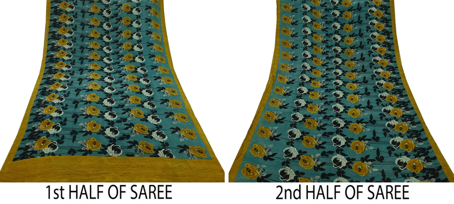 Indian Vintage Sari Green 100% Pure Georgette Silk Hand Printed Sarees Sewing 5yd Craft Fabric Soft Dress Designing for Crafting