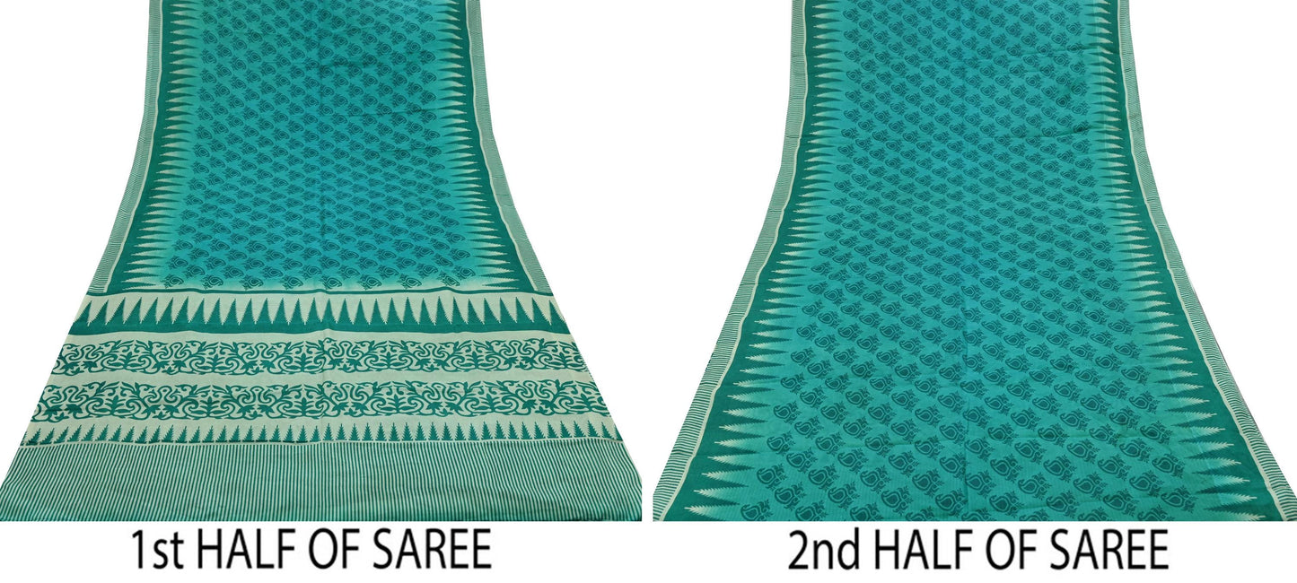 Indian Vintage Sari Green Pure Silk Printed Sarees Craft Fabric 5yd Sewing Dress Making Floral Crafting quilting