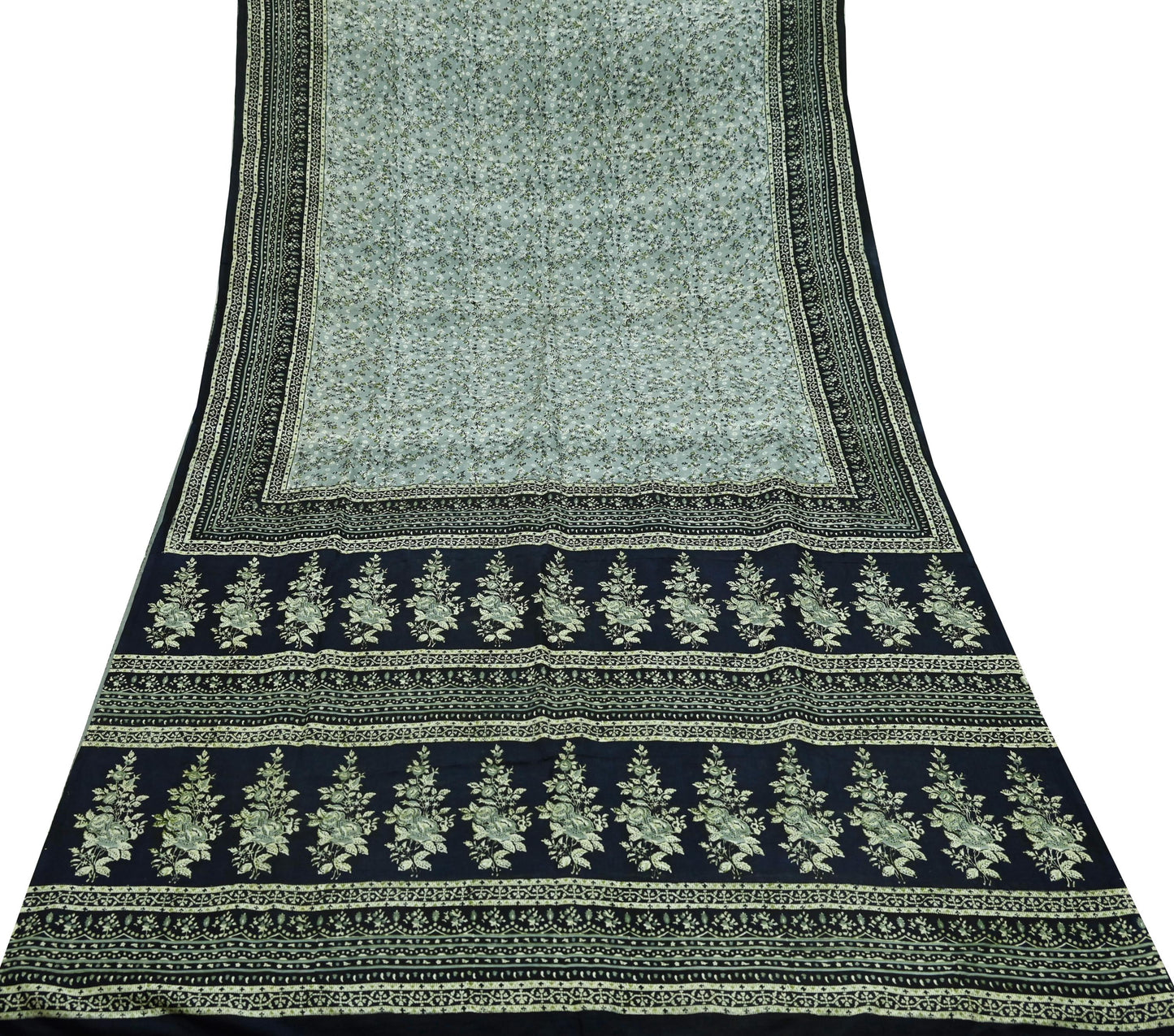 Indian Vintage Sari Black & Gray 100% Pure Silk Printed Saree 5yd Sewing Craft Fabric Dress Making Soft Crafting Quilting Upcycle Used
