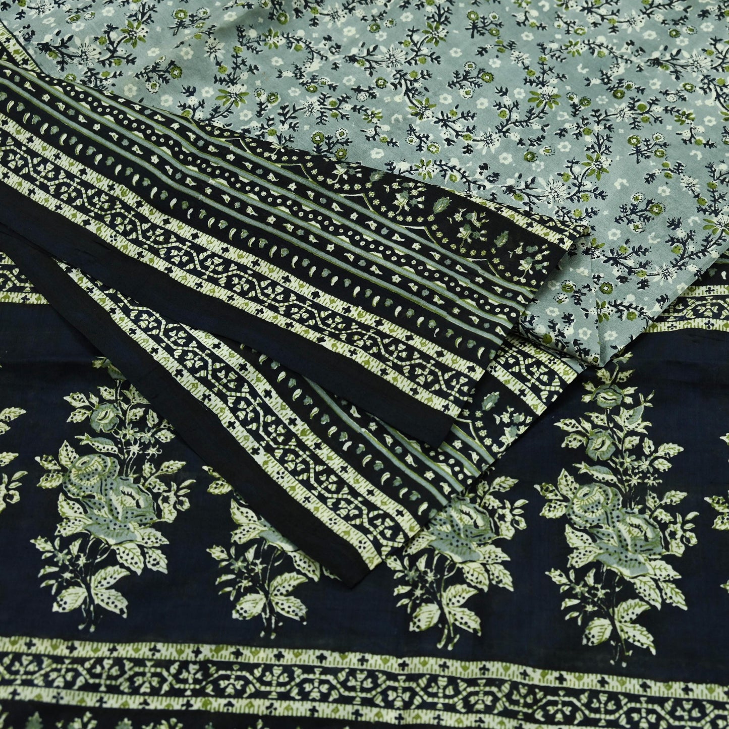 Indian Vintage Sari Black & Gray 100% Pure Silk Printed Saree 5yd Sewing Craft Fabric Dress Making Soft Crafting Quilting Upcycle Used