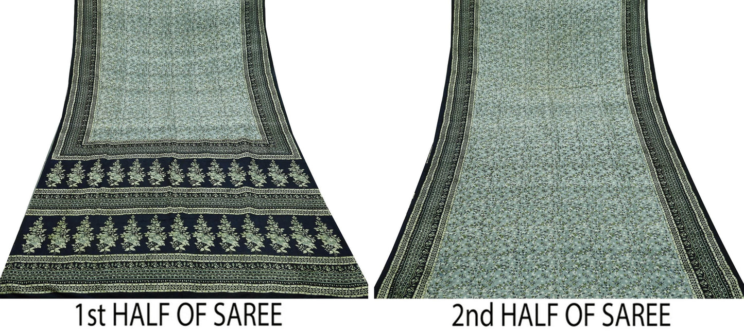 Indian Vintage Sari Black & Gray 100% Pure Silk Printed Saree 5yd Sewing Craft Fabric Dress Making Soft Crafting Quilting Upcycle Used