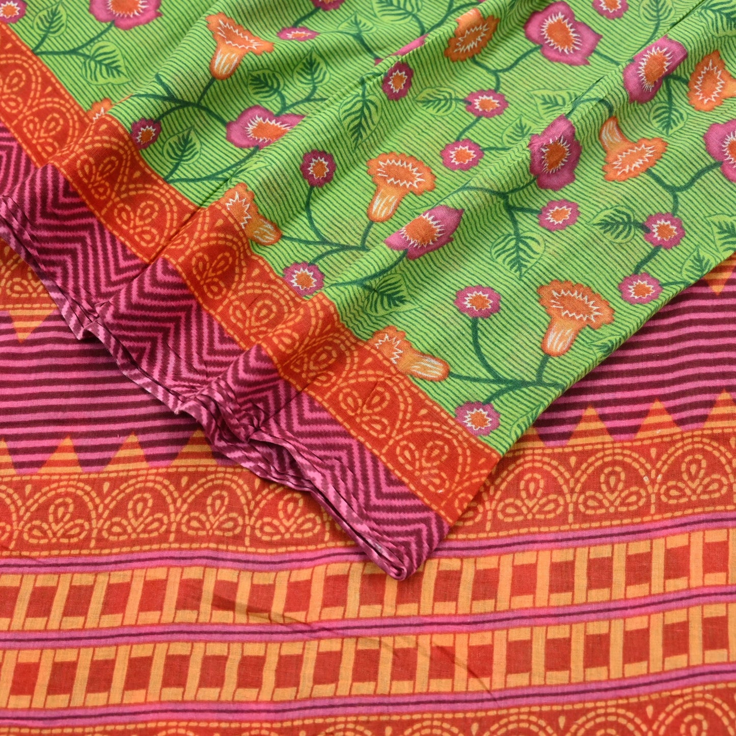 Indian Vintage Sari Green Printed Pure Cotton Sarees 5Yd Craft Fabric Soft Sewing Sarong Wrap Boho Upcycle quilting Dress making