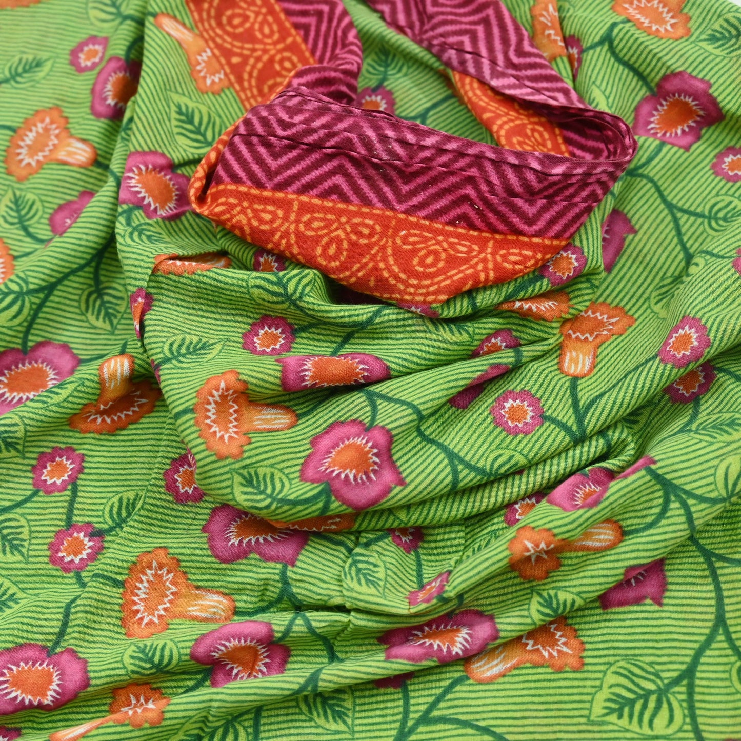 Indian Vintage Sari Green Printed Pure Cotton Sarees 5Yd Craft Fabric Soft Sewing Sarong Wrap Boho Upcycle quilting Dress making
