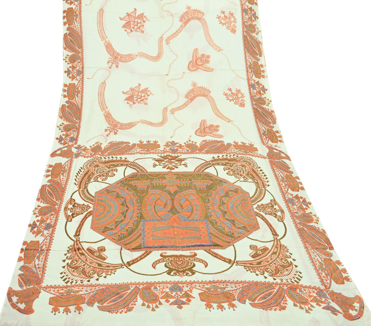 Indian Vintage Sari Ivory Pure Crepe Silk Printed Saree 5yd Sewing Floral Soft Craft Fabric Wrap Dress Making Crafting Quilting Upcycle