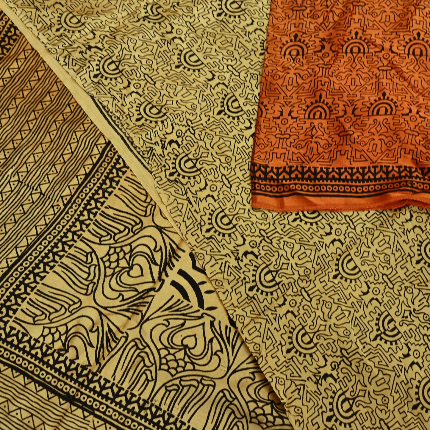 Indian Vintage Sari Orange & Beige Pure Satin Silk Printed Sarees 5yd Sewing Craft Fabric Dress Making Soft Upcycle Quilting Crafting