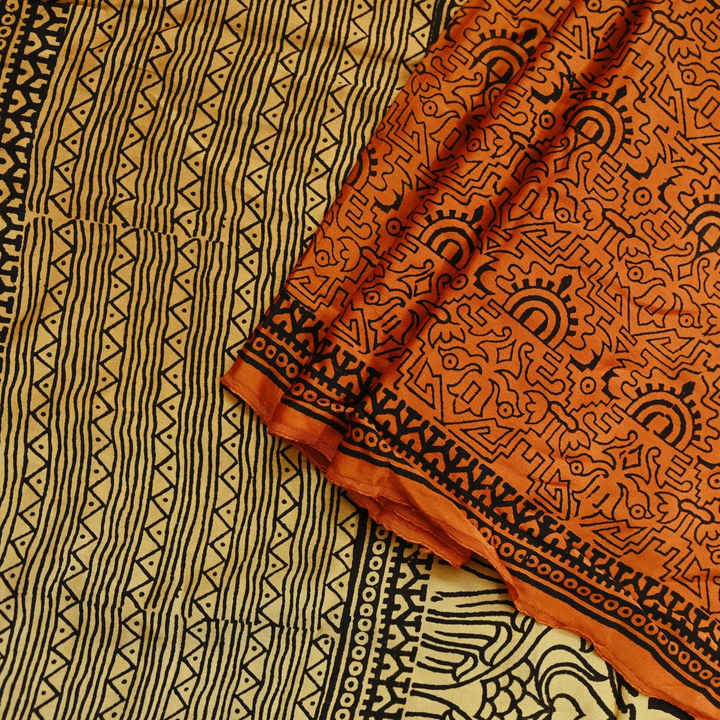 Indian Vintage Sari Orange & Beige Pure Satin Silk Printed Sarees 5yd Sewing Craft Fabric Dress Making Soft Upcycle Quilting Crafting