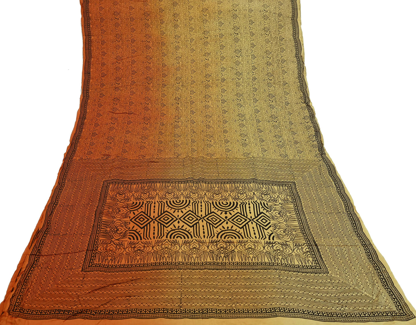Indian Vintage Sari Orange & Beige Pure Satin Silk Printed Sarees 5yd Sewing Craft Fabric Dress Making Soft Upcycle Quilting Crafting