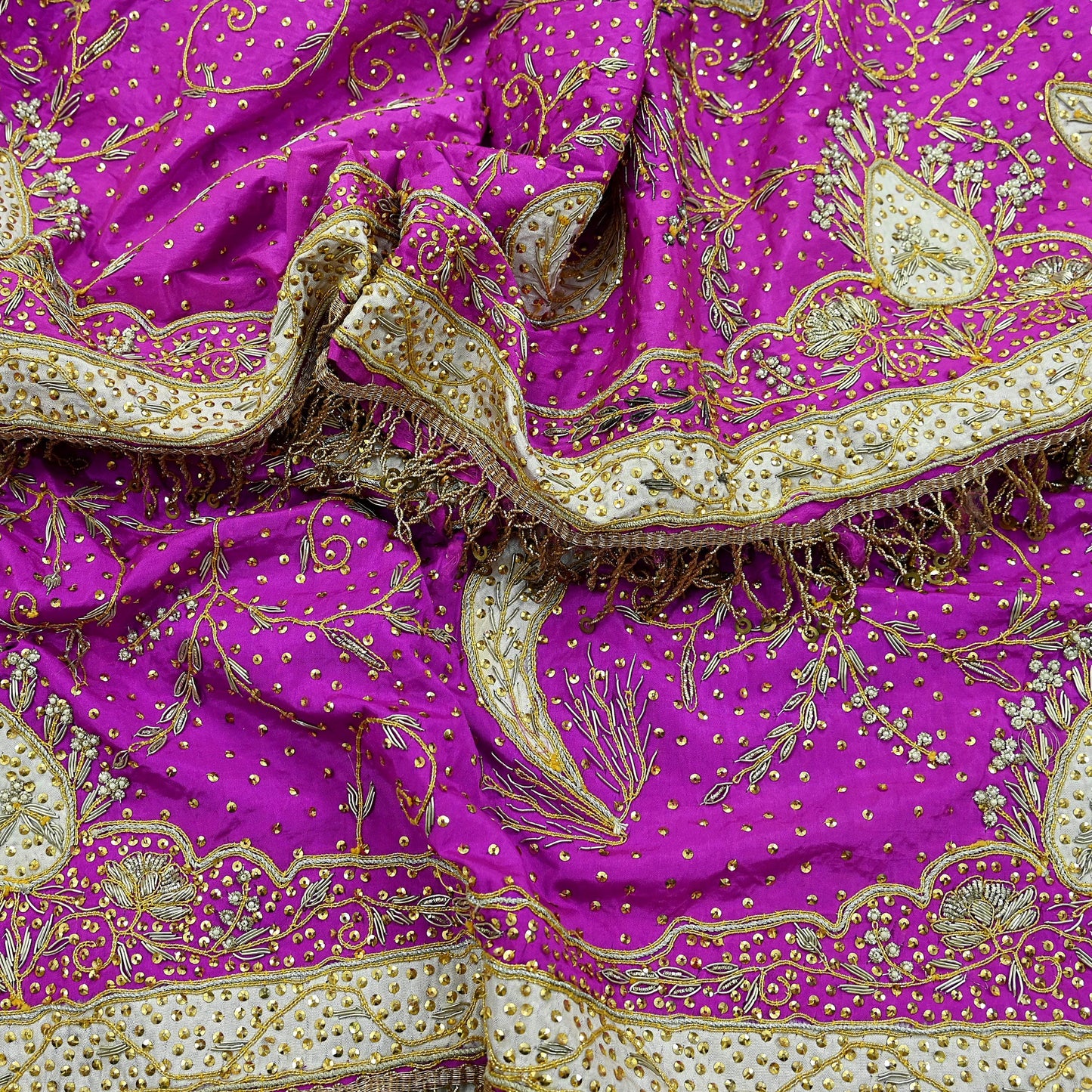 Indian Vintage Heavy Bridal Dupatta Purple Pure Silk Long Stole Hand Embroidered Hijab Scarf Zardozi/Dabka Zari Wedding Dupatta