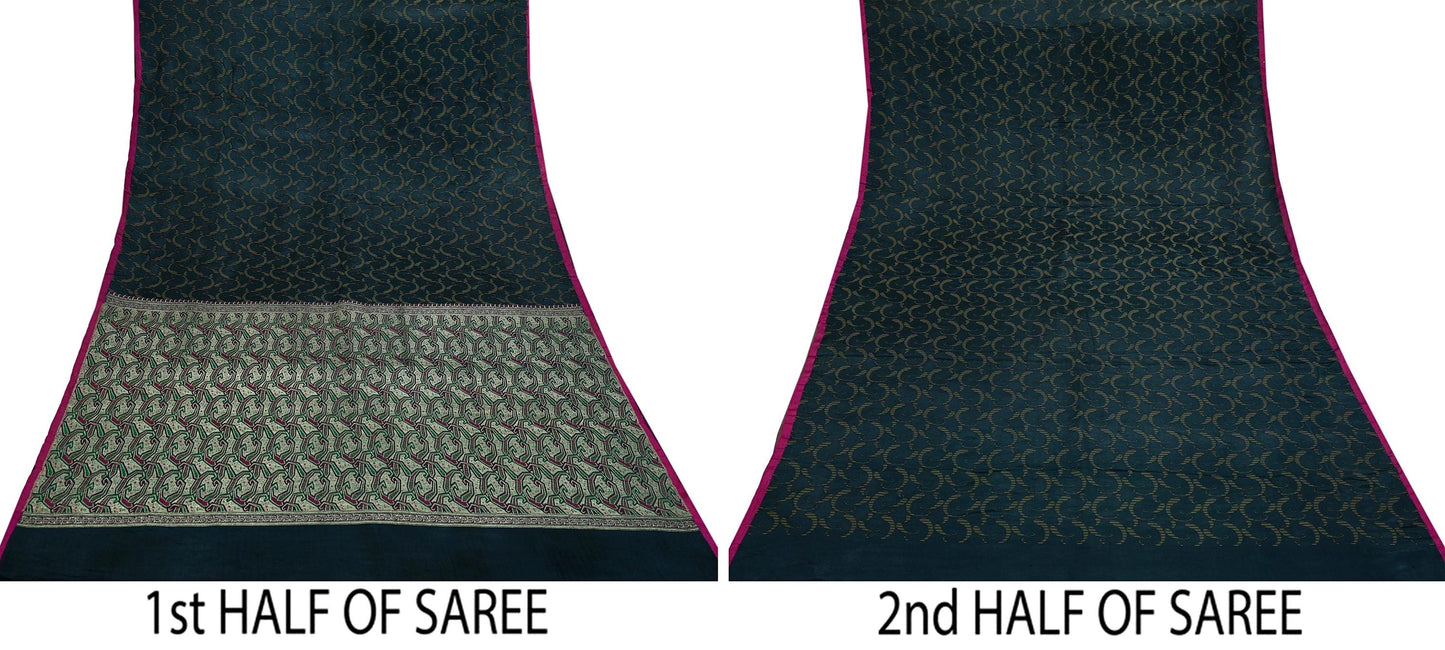Indian Vintage Sari Heavy Black Pure Satin Silk Brocade Banarasi Sarees Zari 5Yd craft fabric dress making Crafting Upcycle