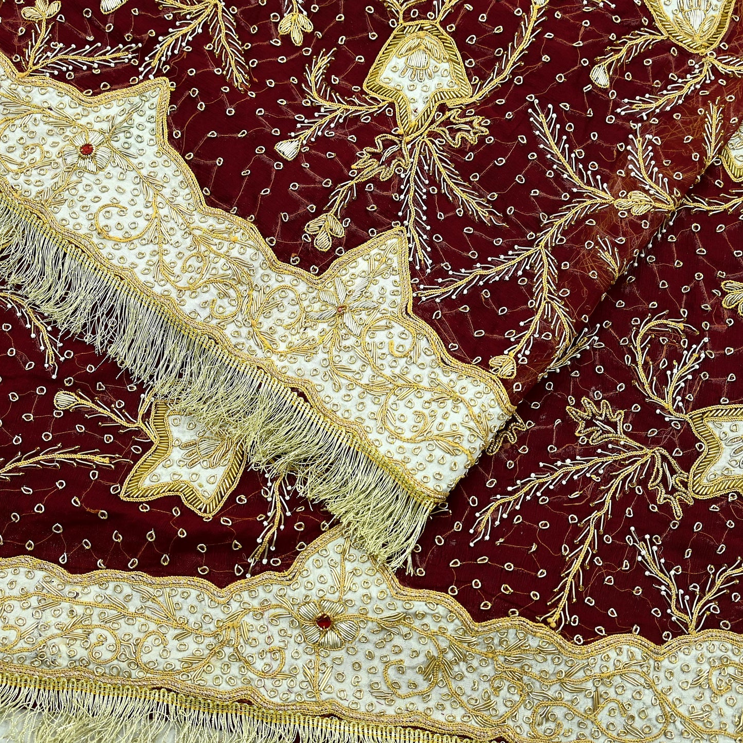 Indian Vintage Heavy Bridal Dupatta Maroon Pure Chiffon Silk Long Stole Hand Embroidered Hijab Scarf Zardozi/Dabka Zari Wedding Dupatta
