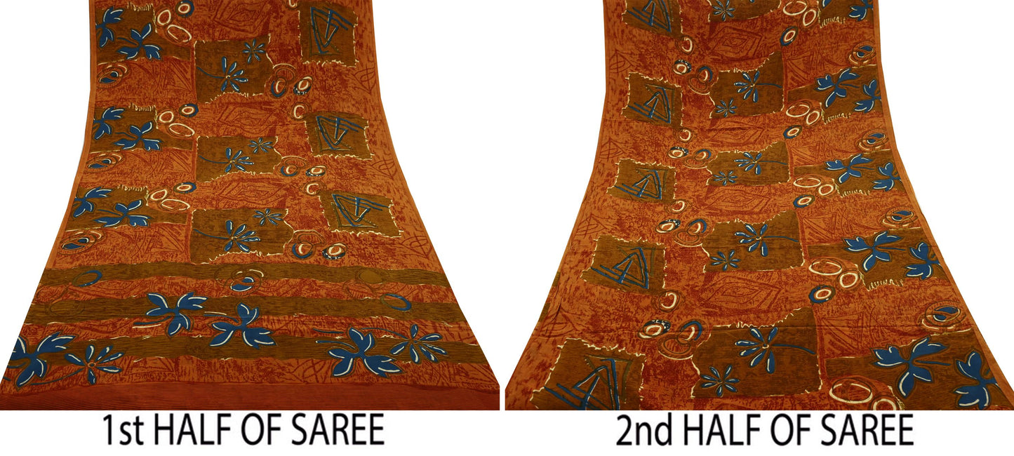 Indian Vintage Sari Orange & Saffron Pure Crepe Silk Printed Sarees 5yd Sewing Floral Soft Craft Fabric Wrap Dress Making Crafting Quilting