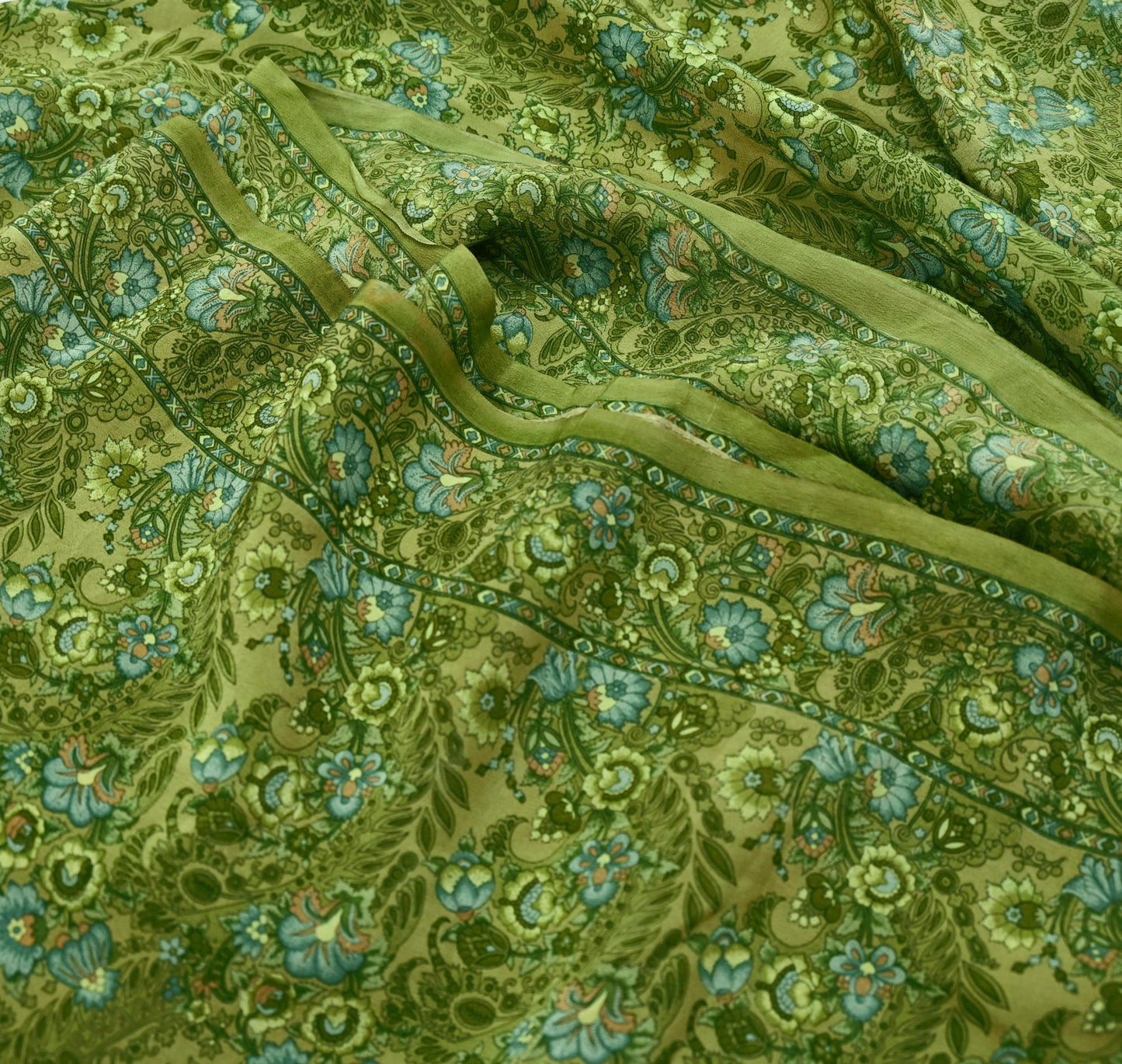 Indian Vintage Sari Green Pure Crepe Silk Printed Saree 5yd Sewing Floral Soft Craft Fabric Wrap Dress making Crafting