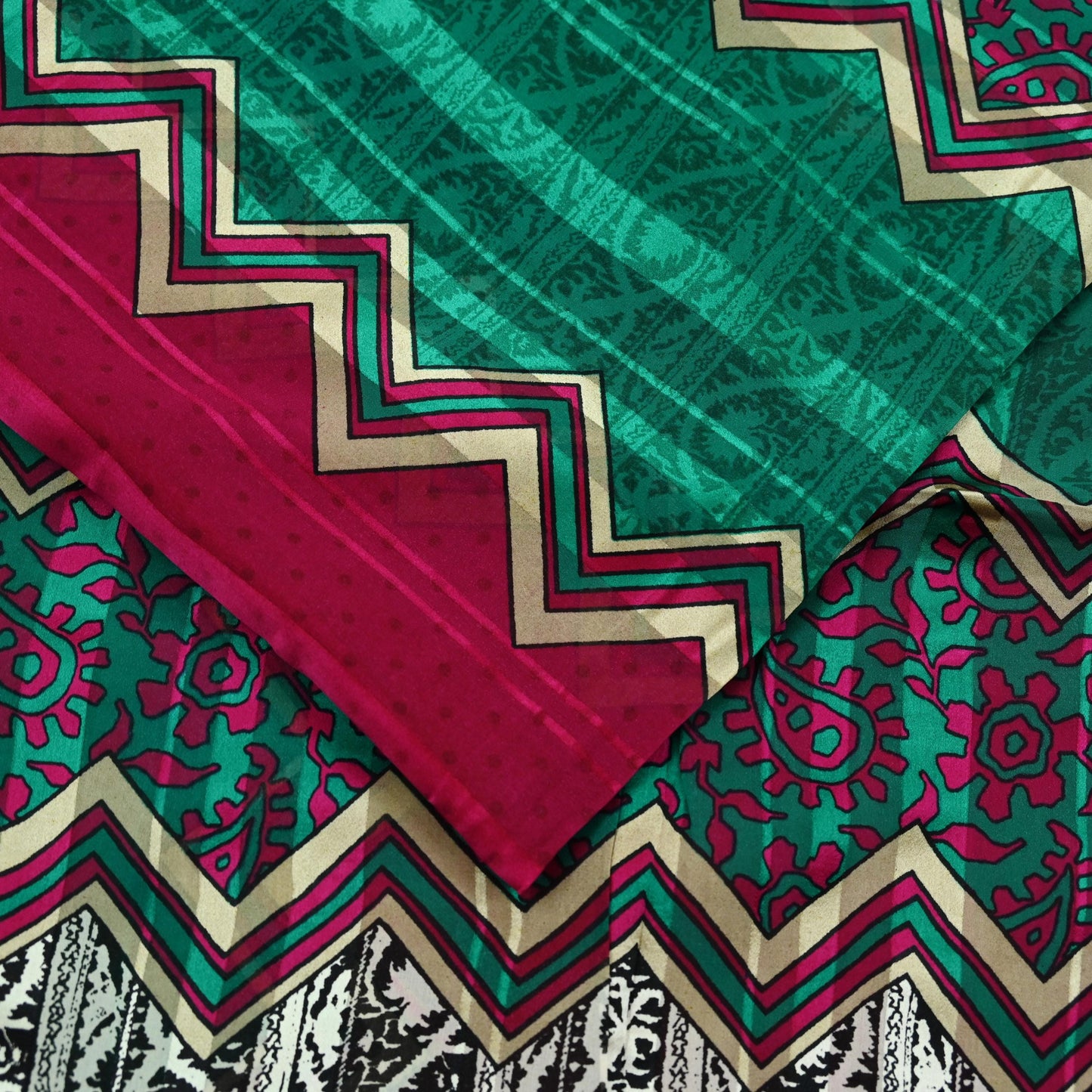 Indian Vintage Sari Green & Pink Pure Georgette Silk Printed Saree Craft Fabric Sewing 6Yd Soft Light Dress Making Floral
