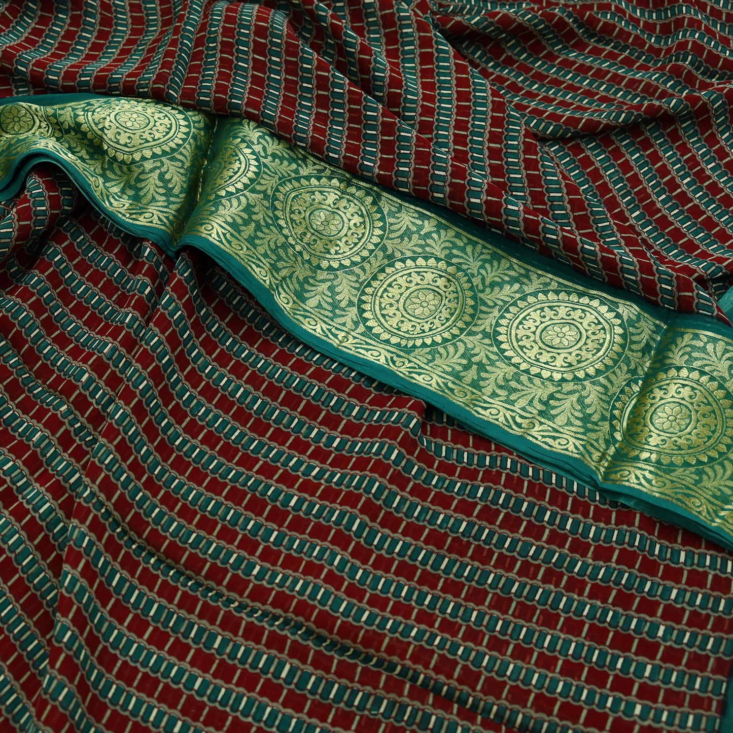 Indian Vintage Sari Green & Maroon Pure Georgette Silk Printed Sarees Craft Fabric Sewing 5Yd Soft Dress Making Crafting Quilting Zari