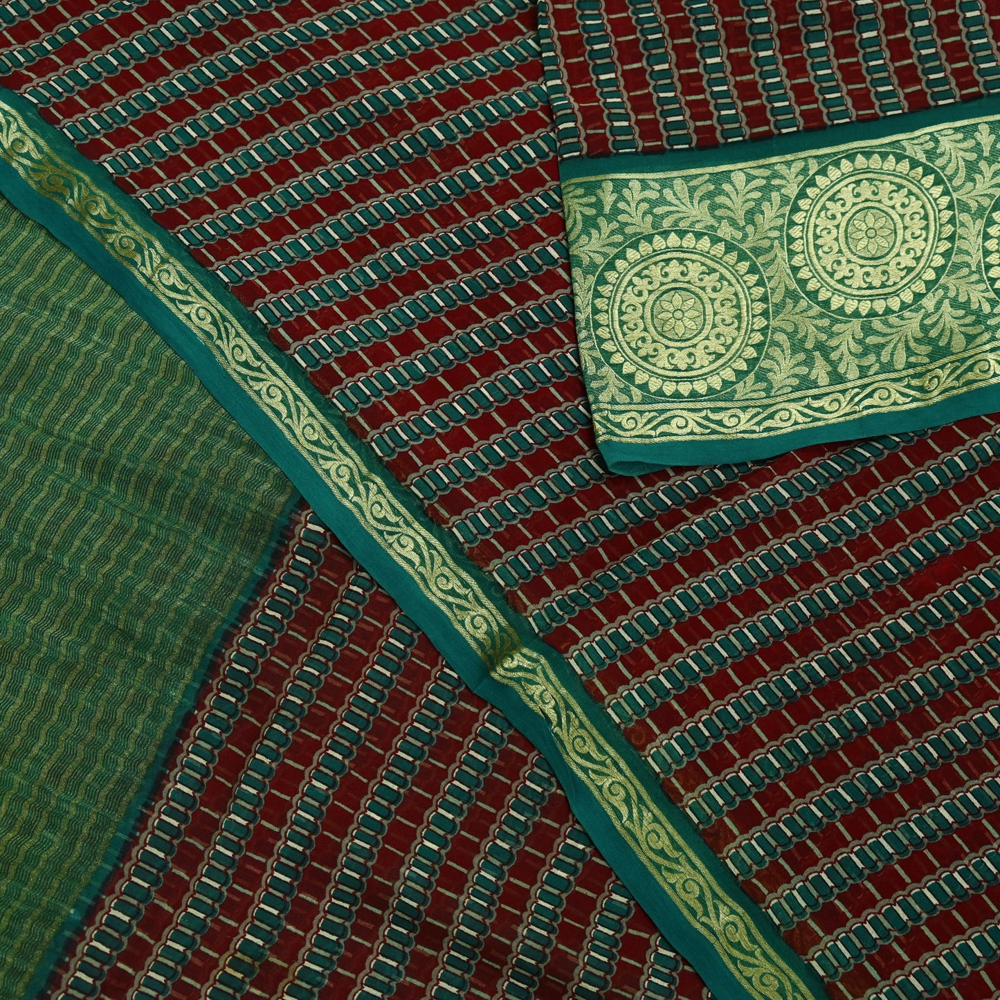 Indian Vintage Sari Green & Maroon Pure Georgette Silk Printed Sarees Craft Fabric Sewing 5Yd Soft Dress Making Crafting Quilting Zari