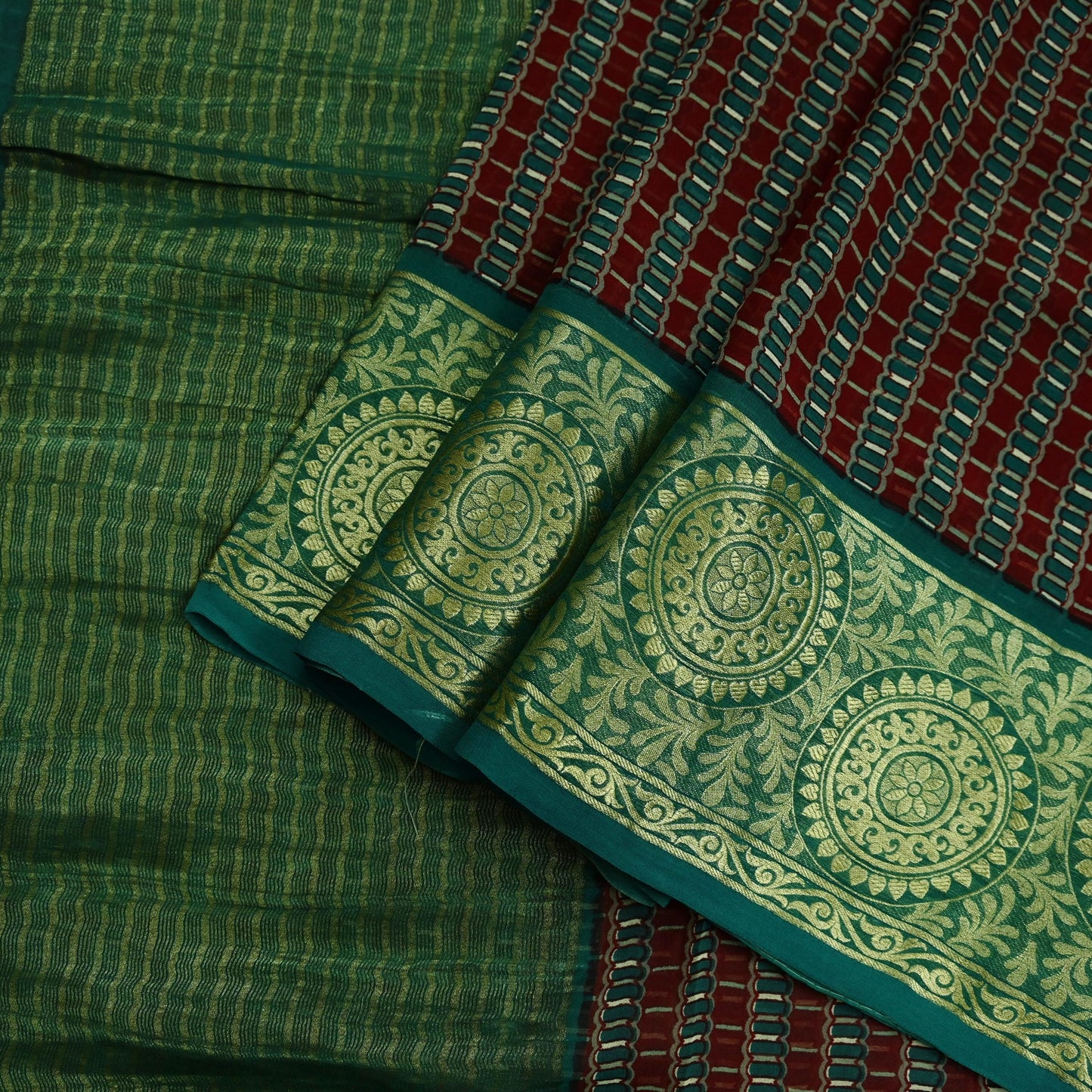 Indian Vintage Sari Green & Maroon Pure Georgette Silk Printed Sarees Craft Fabric Sewing 5Yd Soft Dress Making Crafting Quilting Zari