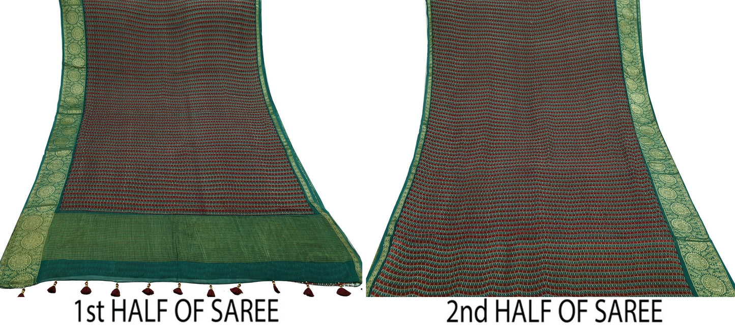 Indian Vintage Sari Green & Maroon Pure Georgette Silk Printed Sarees Craft Fabric Sewing 5Yd Soft Dress Making Crafting Quilting Zari