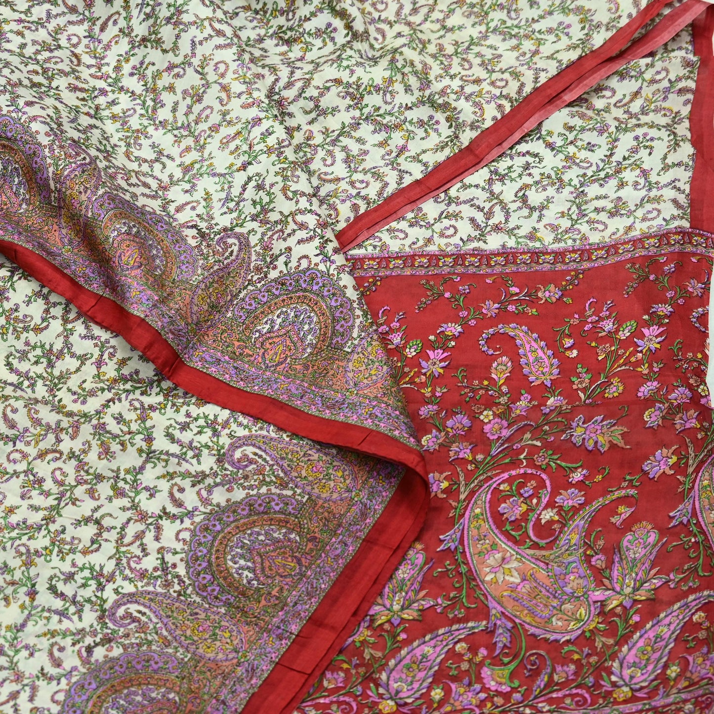 Indian Vintage Ivory & Red Saree Pure Silk Printed Sari 6yd Sewing Craft Fabric DressMaking Soft Wrap Crafting Quilting Used Paisley