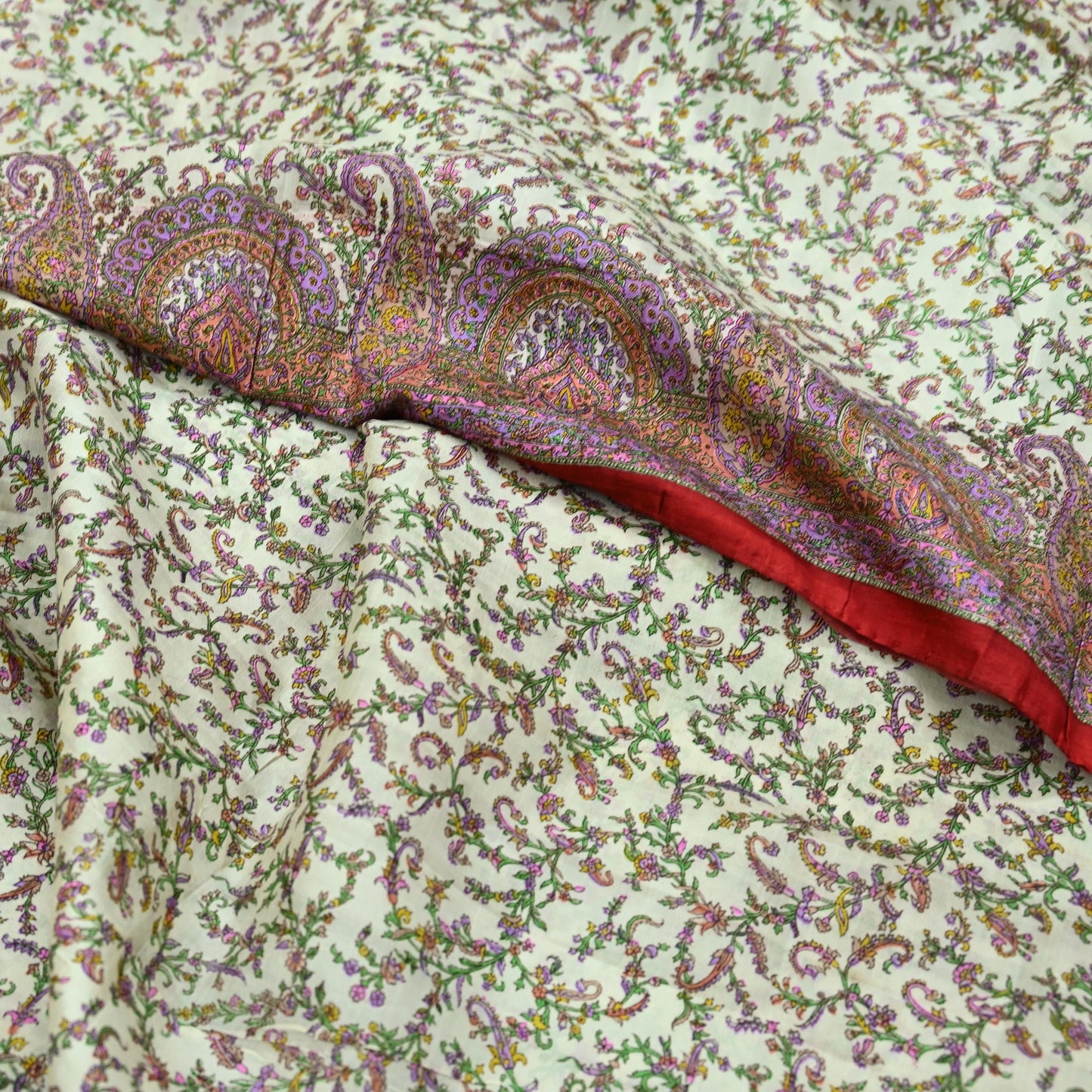 Indian Vintage Ivory & Red Saree Pure Silk Printed Sari 6yd Sewing Craft Fabric DressMaking Soft Wrap Crafting Quilting Used Paisley