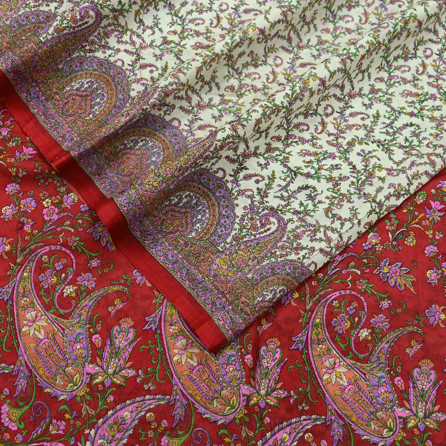 Indian Vintage Ivory & Red Saree Pure Silk Printed Sari 6yd Sewing Craft Fabric DressMaking Soft Wrap Crafting Quilting Used Paisley