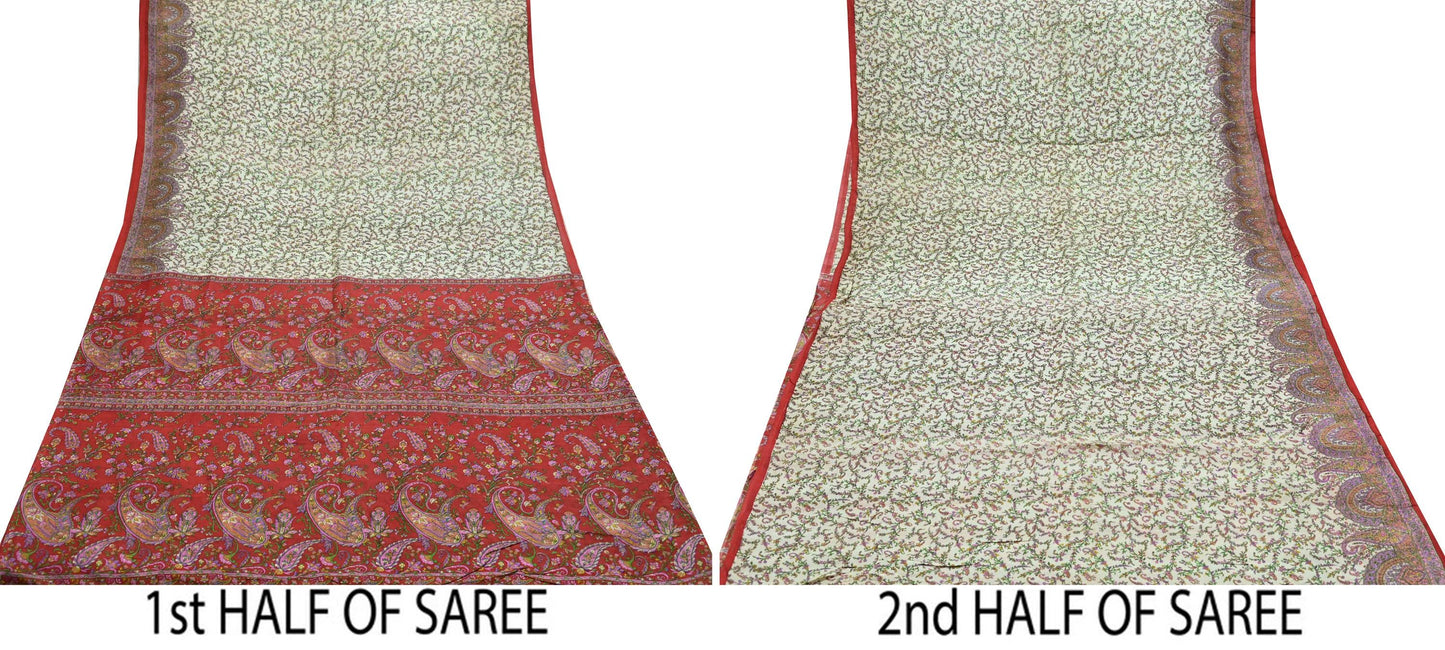 Indian Vintage Ivory & Red Saree Pure Silk Printed Sari 6yd Sewing Craft Fabric DressMaking Soft Wrap Crafting Quilting Used Paisley