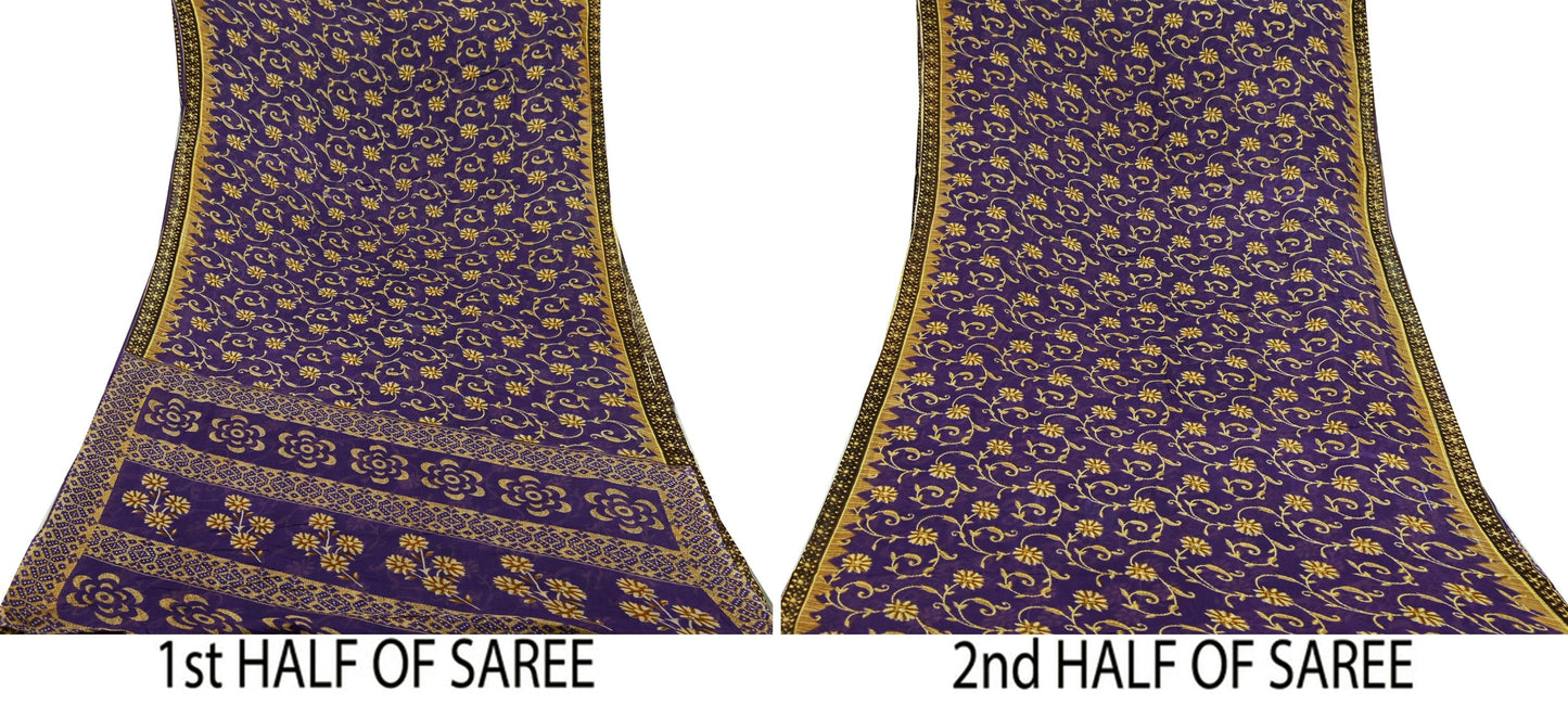 Indian Vintage Purple Saree Printed Pure Cotton Sari Craft Fabric 5Yd Soft Sewing Sarong Wrap Boho Floral Dress making Crafting Used