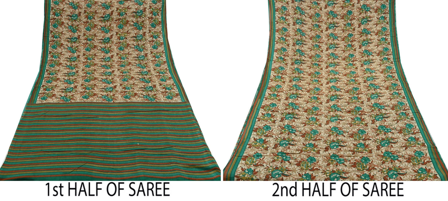 Indian Vintage Sari Beige & Green Pure Cotton Printed Sarees Craft Fabric Soft 5Yd Sarong Wrap Boho Fabric Kimono Quilting Crafting Upcycle