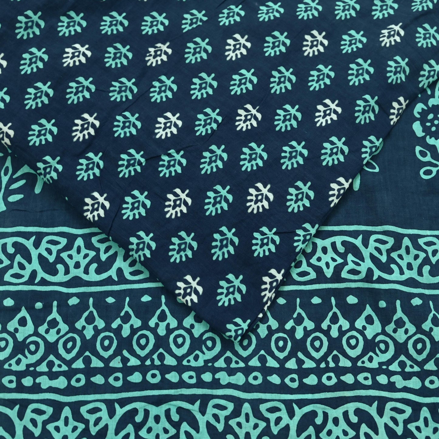 Indian Vintage Sari Blue Block Printed Pure Cotton Sarees 5Yd Craft Fabric Soft Sewing Sarong Wrap Boho Upcycle quilting Dress making