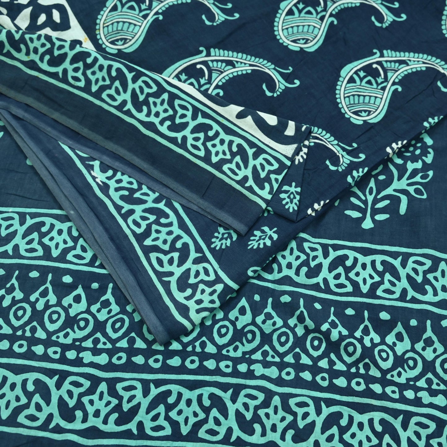 Indian Vintage Sari Blue Block Printed Pure Cotton Sarees 5Yd Craft Fabric Soft Sewing Sarong Wrap Boho Upcycle quilting Dress making