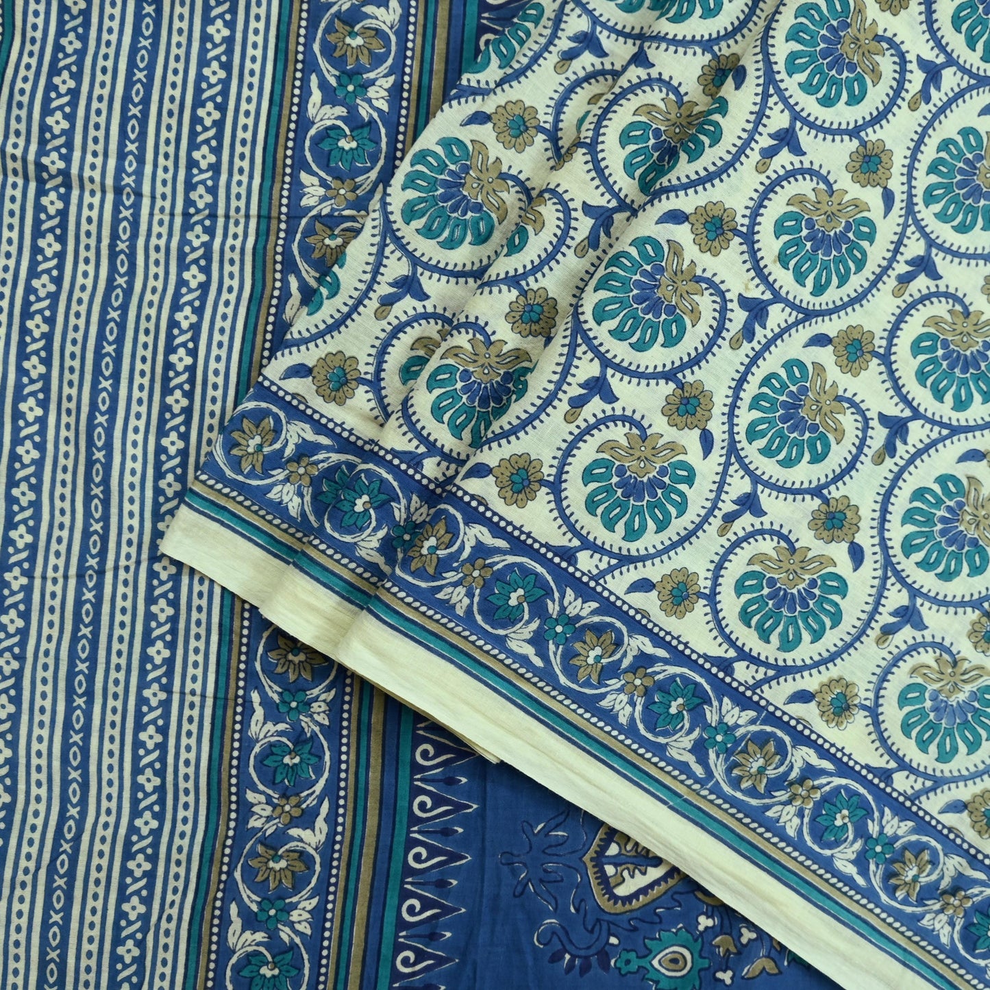 Indian Vintage Sari Blue & Ivory Block Printed Pure Cotton Sarees 5Yd Craft Fabric Sewing Sarong Wrap Boho Upcycle quilting Dress making